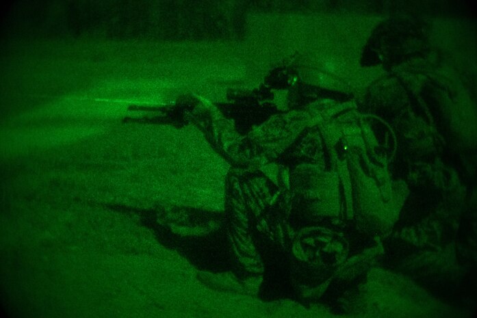 U.S. Marines with Echo Company, 2nd Battalion, 8th Marine Regiment, 2nd Marine Division, suppress targets on a company battle course on range G-36, Camp Lejeune, N.C., May 23, 2021. Echo Company was the first company to execute the battle course as a night live-fire event. The event is the culmination of their Marine Corps Combat Readiness Evaluation, certifying the unit as an apex battalion.