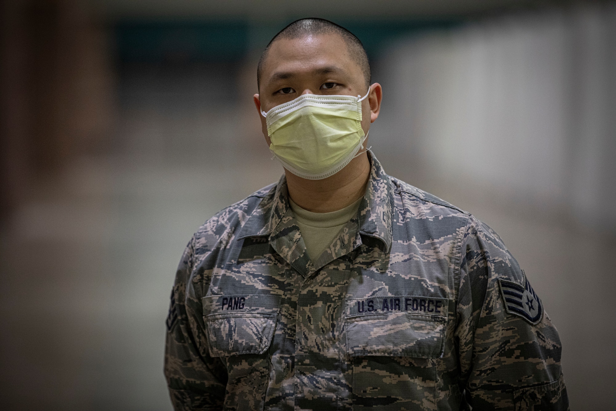 New Jersey Air National Guard Staff Sgt. Dave Pang stands for a portrait during the buildup of a Field Medical Station at the Atlantic City Convention Center in Atlantic City, N.J., April 9, 2020.  Atlantic City is one of three stations that will offer overflow from local hospitals focused on COVID-19 patients. (U.S. Air National Guard photo by Master Sgt. Matt Hecht)