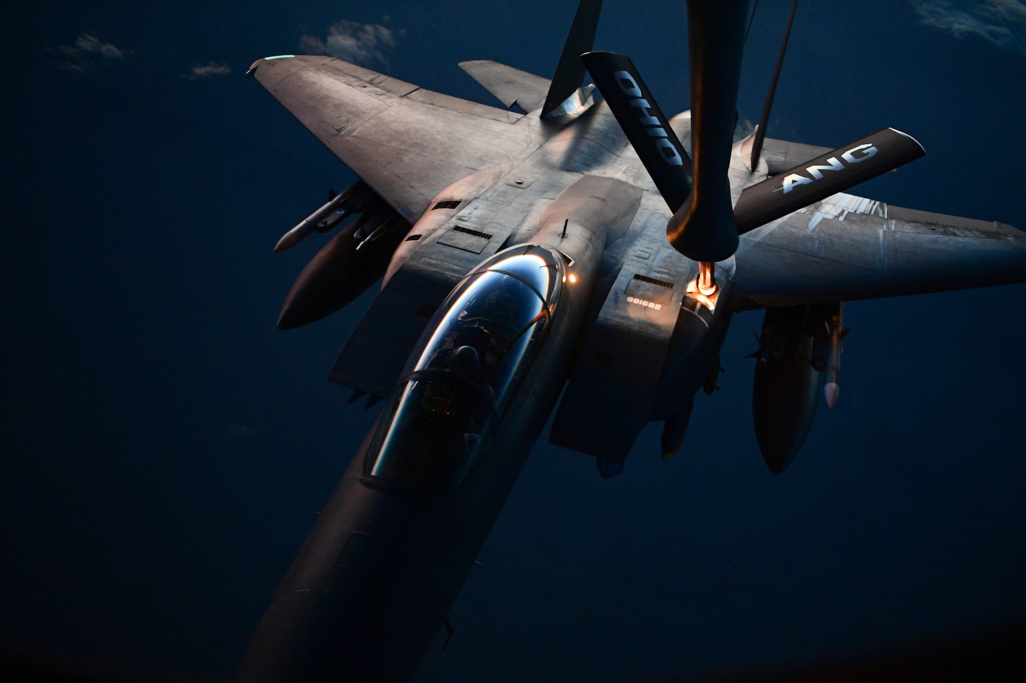 A U.S. Air Force F-15 Eagle receives fuel from a KC-135 Stratotanker assigned to the 340th Expeditionary Air Refueling Squadron during a refueling mission above Iraq March 16, 2018. The 340th EARS is assigned to the 379th Expeditionary Operations Group and supports various operations in countries such as Iraq, Syria and Afghanistan. (U.S. Air Force Photo by Tech. Sgt. Paul Labbe)