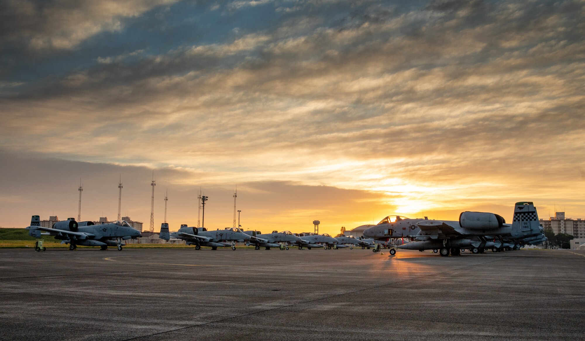 A-10 Thunderbolt II aircraft park at a ramp.