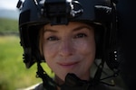 2nd Lt. Valdeta Mehanja, a pilot with the 1-131st Aviation Regiment, posed for a photo in her flight helmet May 26, 2021, in Albania. Mehanja is an Albanian native born in Kosovo and a U.S. citizen; she never thought she would get to see Albania before participating in DEFENDER-Europe 21.