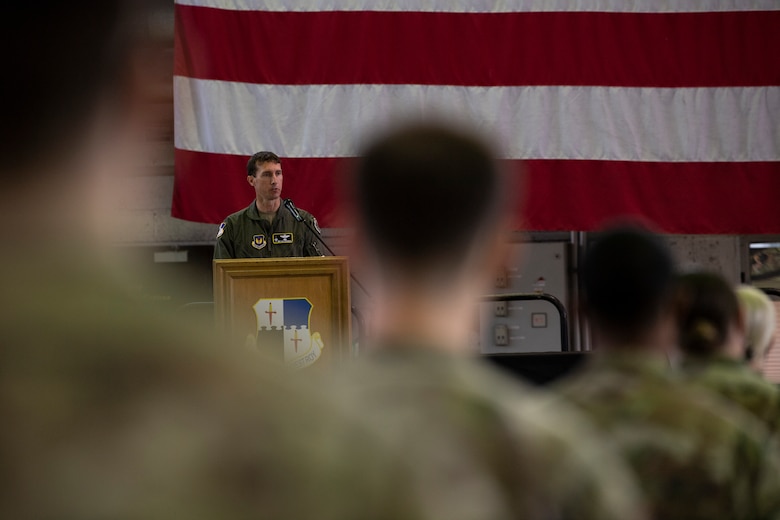 U.S. Air Force Col. David Epperson gives a speech during the 52nd Operations Support Squadron change of command ceremony.