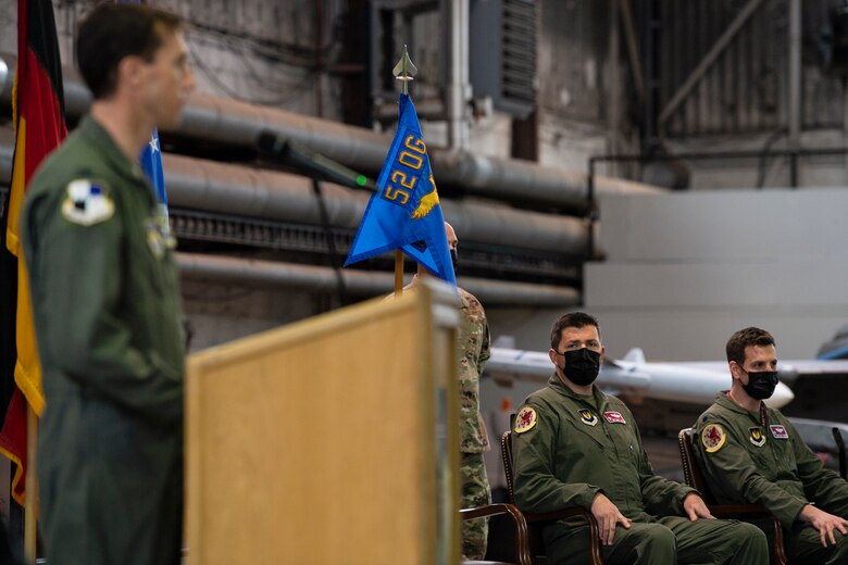 U.S. Air Force Col. David Epperson gives a speech during the 52nd Operations Support Squadron change of command.