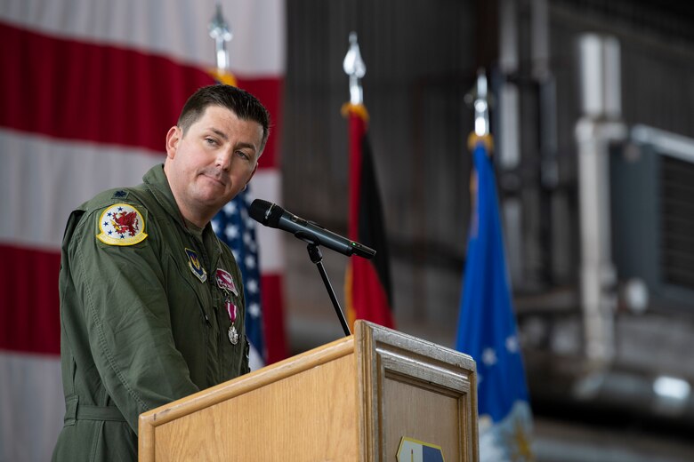 U.S. Air Force Lt. Col. Matthew Hoyt, the outgoing commander of the 52nd Operations Support Squadron, gives a speech during the 52nd OSS change of command ceremony May 25, 2021, on Spangdahlem Air Base, Germany.