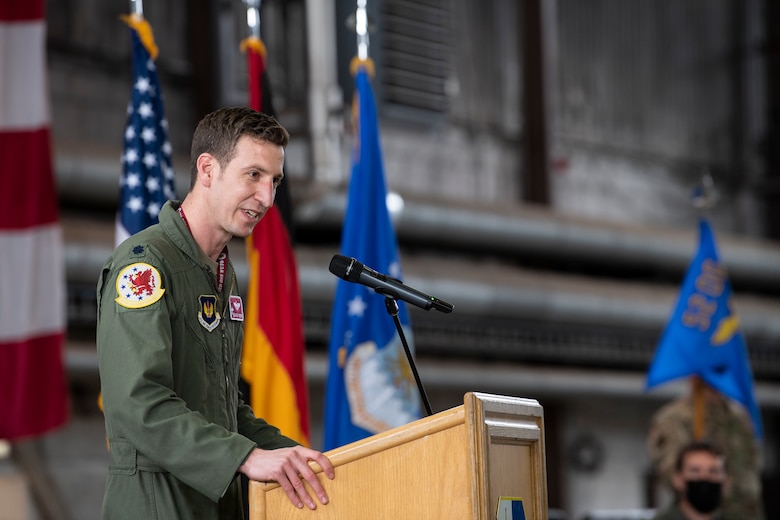 U.S. Air Force Lt. Col. John Powers, the new 52nd Operations Support Squadron commander, gives a speech during the 52nd OSS change of command ceremony May 25, 2021, on Spangdahlem Air Base, Germany.