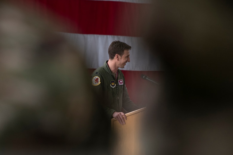 U.S. Air Force Lt. Col. John Powers, the new 52nd Operations Support Squadron commander, gives a speech during the 52nd OSS change of command ceremony May 25, 2021, on Spangdahlem Air Base, Germany.