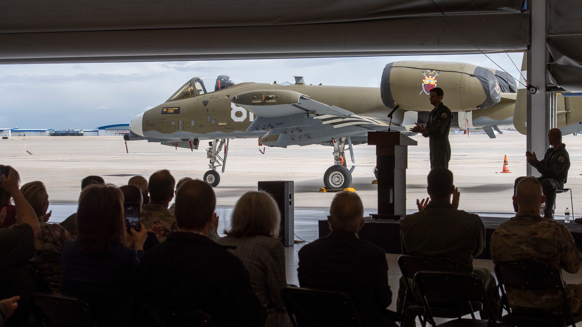 An A-10 Thunderbolt II, from the 124th Fighter Wing, poses for a photo in front of building 1530 at Gowen Field, Boise, Idaho, May 24, 2021. The aircraft was painted to honor the heritage of the Idaho Air National Guard. (U.S. Air National Guard photo by Senior Master Sgt. Joshua C. Allmaras)