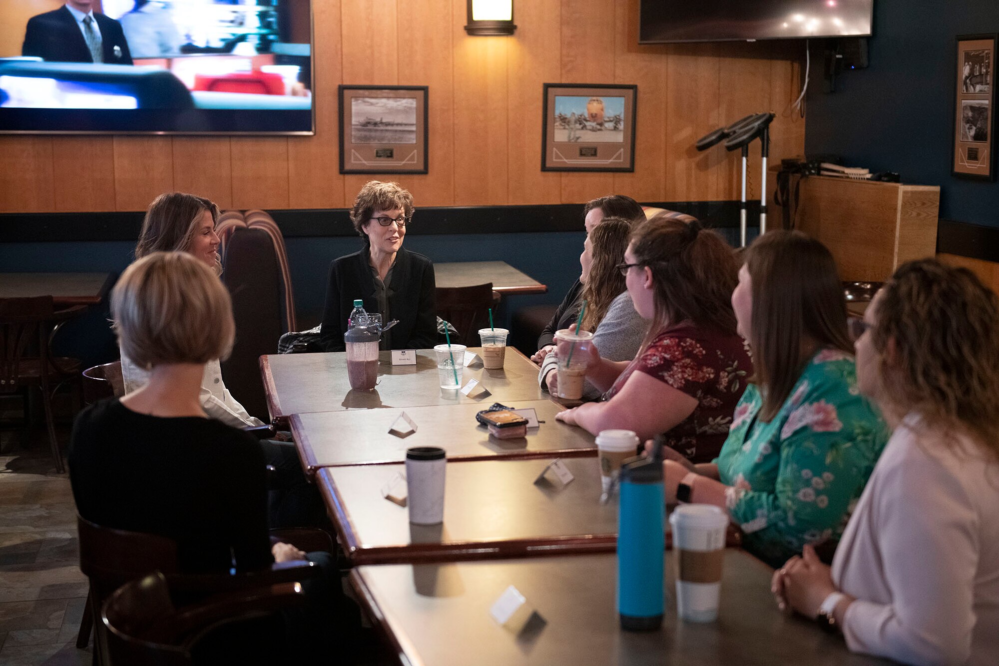 Mrs. Rhonda Ray, spouse of Gen. Tim Ray, Air Force Global Strike Command commander, speaks with 341st Missile Wing key spouses May 25, 2021, at Malmstrom Air Force Base, Mont.