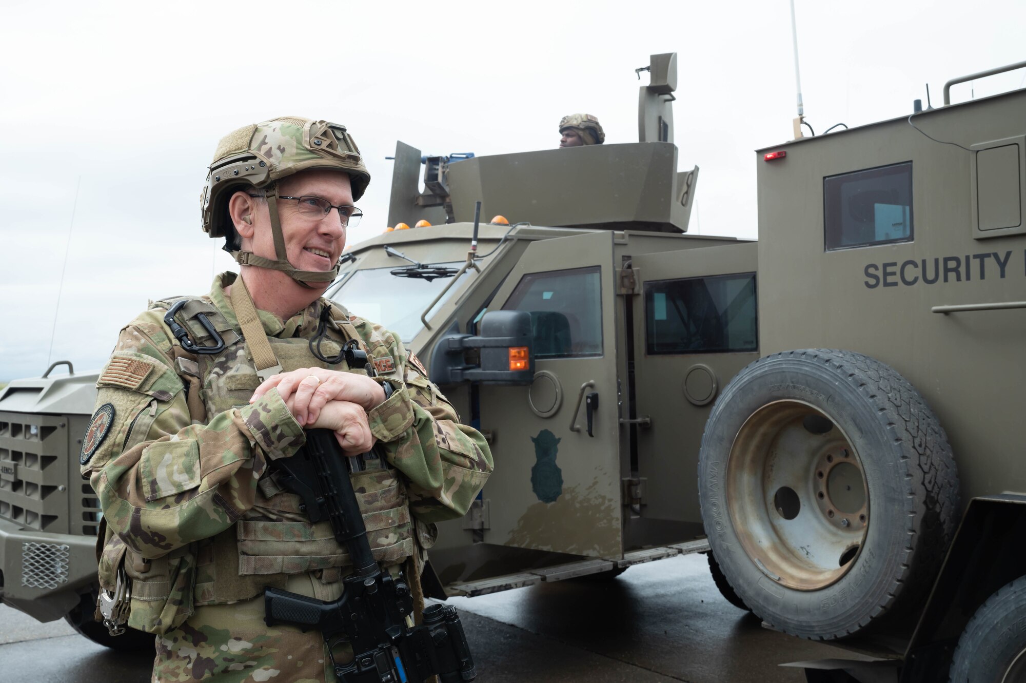 Gen. Tim Ray, Air Force Global Strike Command commander listens to members of the 341st Missile Operations Squadron convoy response force describe their mission and intercontinental ballistic missile convoy operations May 25, 2021, at Malmstrom Air Force Base, Mont.