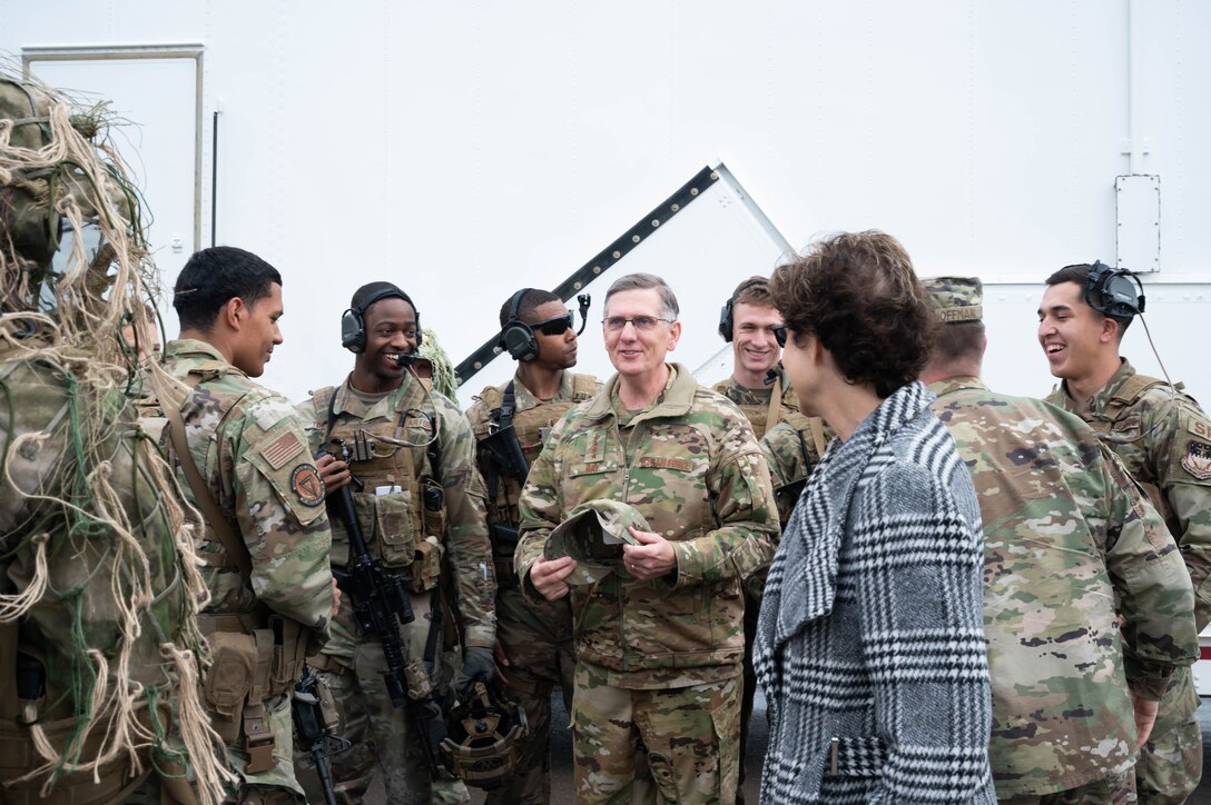 Gen. Tim Ray, Air Force Global Strike Command commander, center, speaks to Airmen with the 341st Missile Security Operations Squadron tactical response force May 25, 2021, during a visit to Malmstrom Air Force Base, Mont.