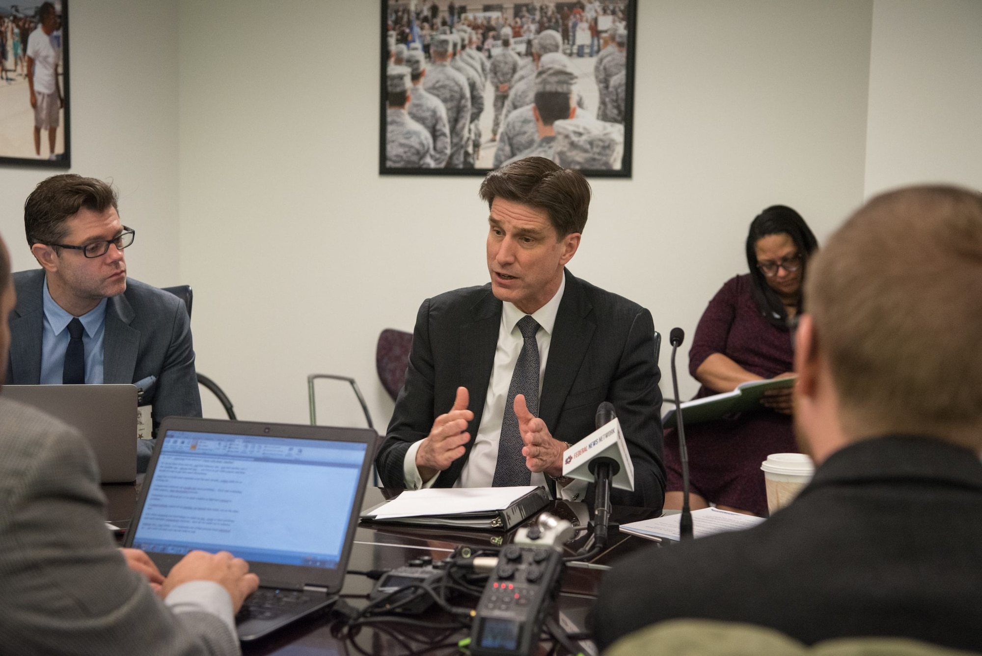 U.S. Department of Defense Chief Information Officer Dana Deasy and The Director of the Joint Artificial Intelligence Center U.S. Air Force Lt. Gen. John N.T. Shanahan hold a round table meeting at the Pentagon in Washington, D.C., Feb. 12, 2019.