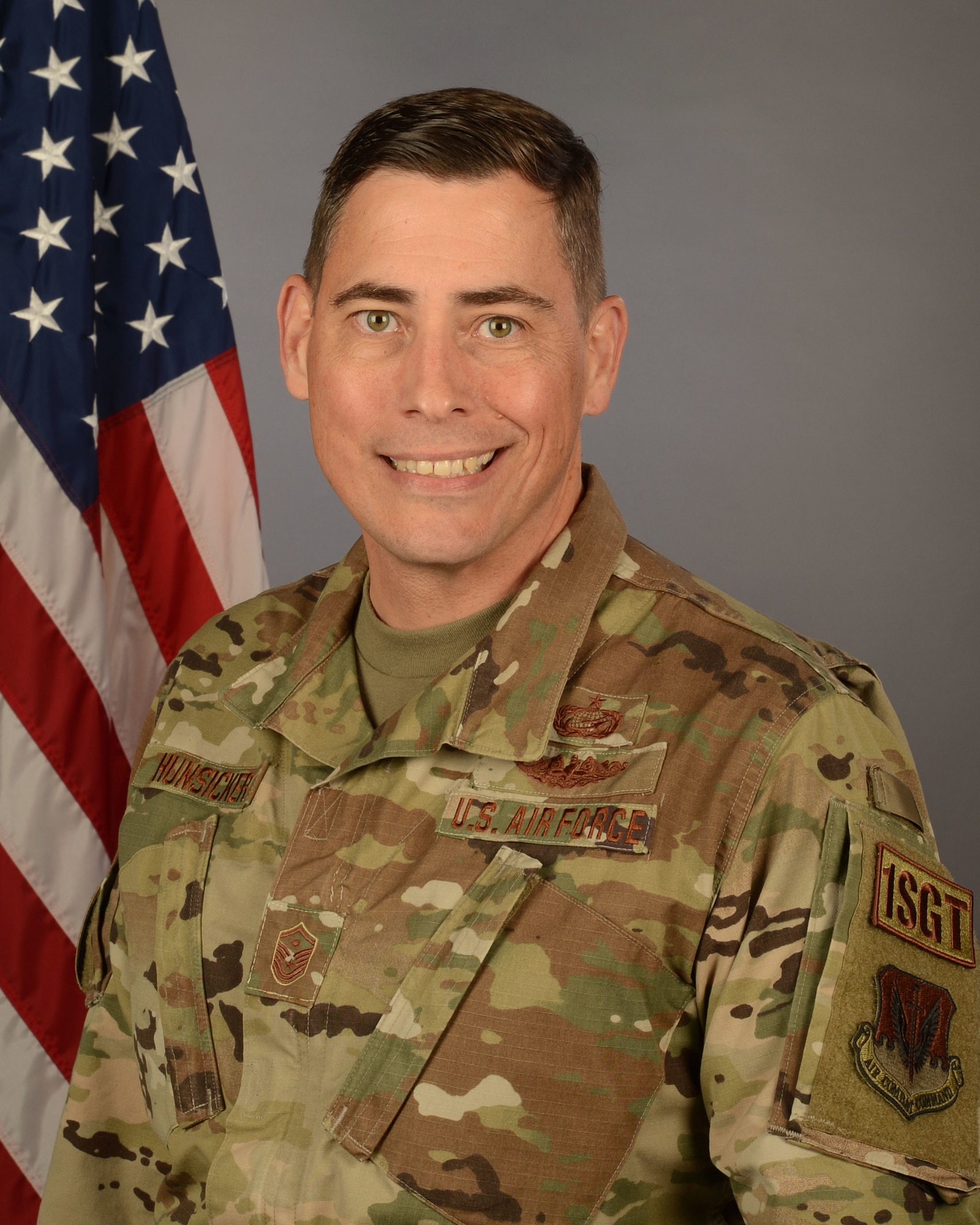U.S. Air Force Master Sgt. Andrew Hunsicker, 169th Mission Support Group first sergeant at McEntire Joint National Guard Base, South Carolina, May 2, 2021. (U.S. Air National Guard photo by Senior Master Sgt. Edward Snyder, 169th Fighter Wing Public Affairs)