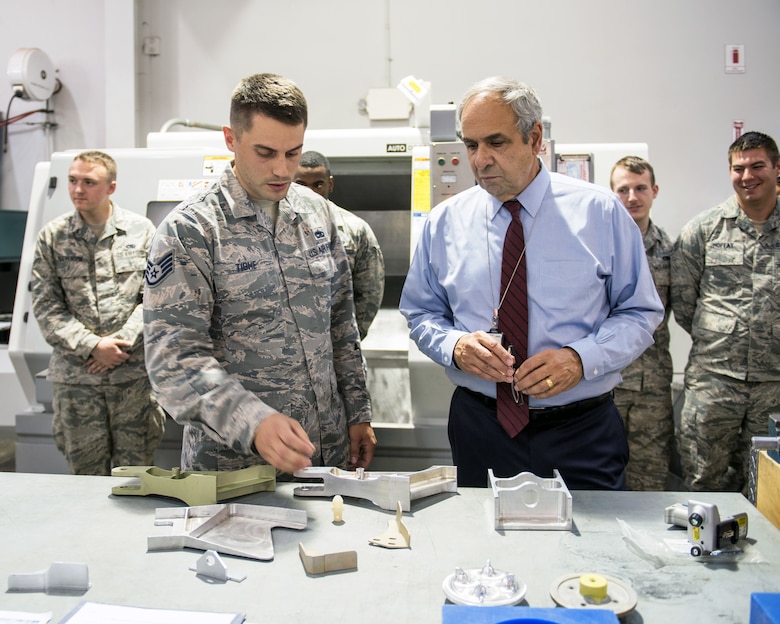 U.S. Air Force Staff Sgt. March Tighe, 60th Maintenance Squadron gives a briefing to Dr. Richard Joseph, Chief Scientist of the United States Air Force, Washington, D.C., during his visit to Travis Air Force Base, Calif., July 12, 2018. Joseph toured David Grant USAF Medical Center, Phoenix Spark lab and visited with Airmen. Joseph serves as the chief scientific adviser to the Chief of Staff and Secretary of the AF, and provides assessments on a wide range of scientific and technical issues affecting the AF mission. (U.S. Air Force photo by Louis Briscese)