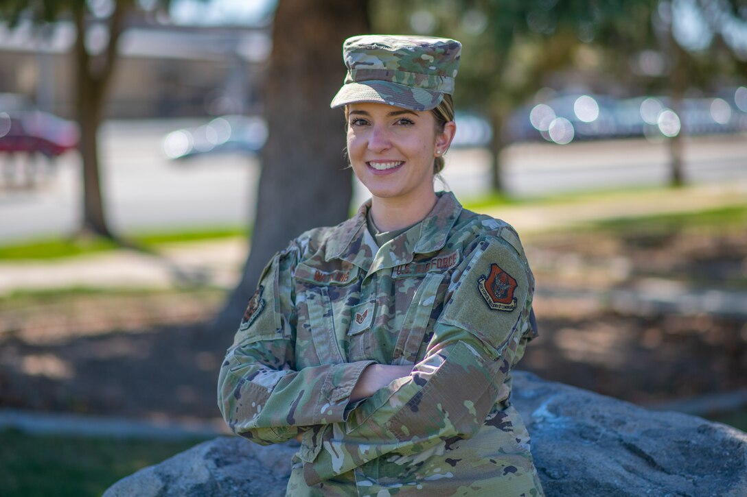 Staff Sgt. Madison Watkins, an Air Force reservist in the 419th Force Support Squadron, poses for a photo April 11, 2021, at Hill Air Force Base, Utah.