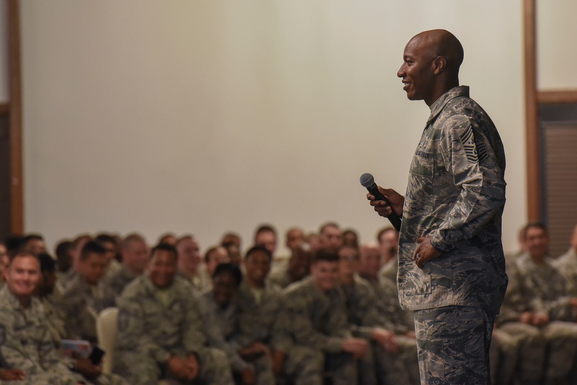 Chief Master Sgt. of the Air Force Kaleth O. Wright speaks to U.S. Air Force Airmen during an enlisted all-call at Ramstein Air Base, Germany, July 26, 2018. Wright visited numerous units to speak with Airmen about enlisted issues. (U.S. Air Force photo by Airman 1st Class D. Blake Browning)