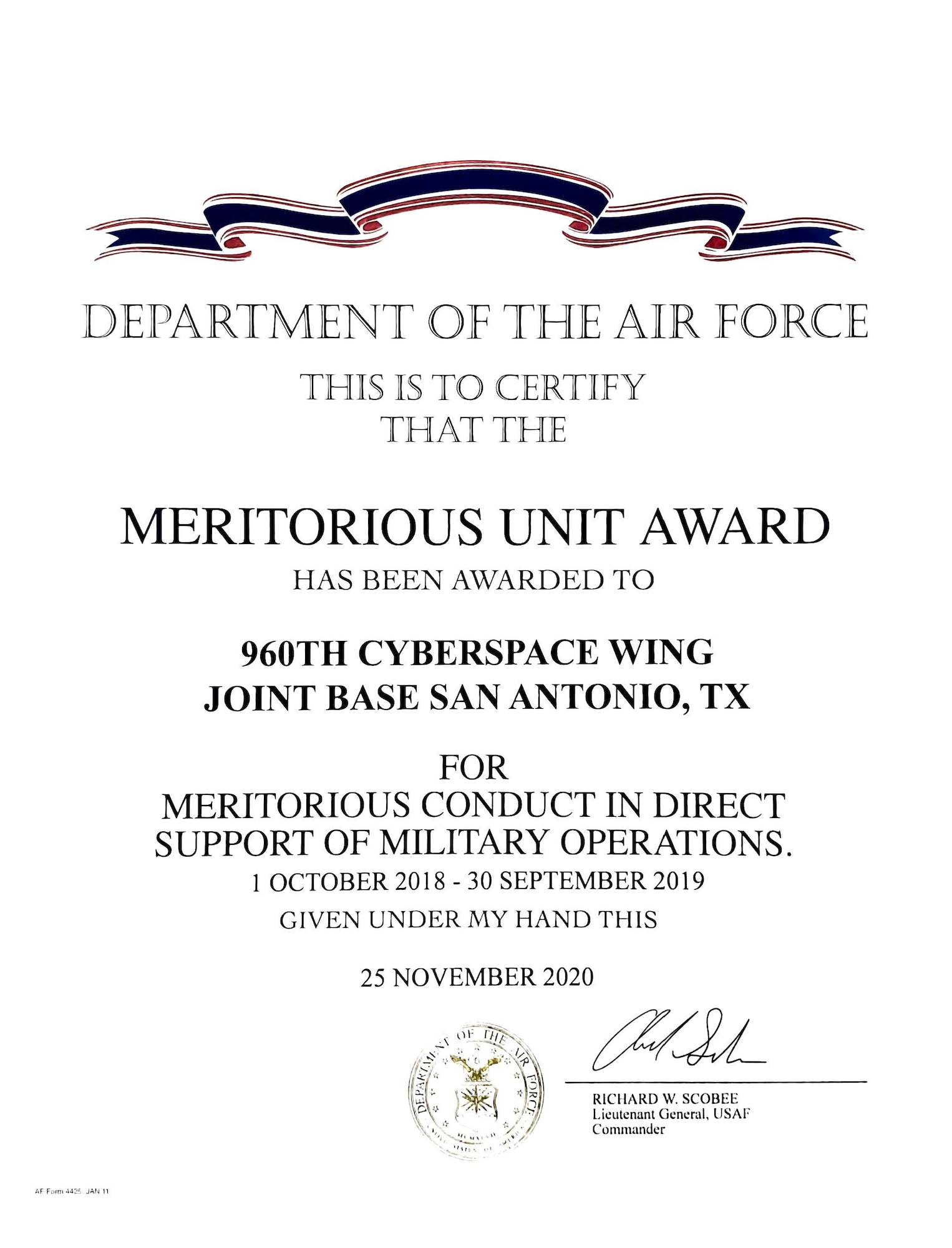 The 960th Cyberspace Wing at Joint Base San Antonio-Chapman Training Annex, Texas, is a recipient of the Air Force Meritorious Unit Award, as of Nov. 25, 2020. The award was given for exceptionally meritorious conduct in direct support of combat operations from Oct. 1, 2018, to Sept. 30, 2019. (U.S. Air Force courtesy photo)