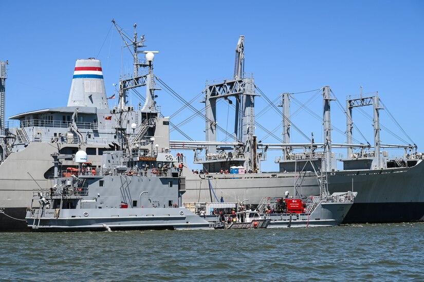 The National Defense Reserve Fleet is utilized during the Robert E. Rumens Marine Firefighting Symposium at Joint Base Langley-Eustis, Virginia, May 21, 2021. The NDRF is known as the “Ghost Fleet” because of its current inactivity. (U.S. Air Force photo by Senior Airman Sarah Dowe)