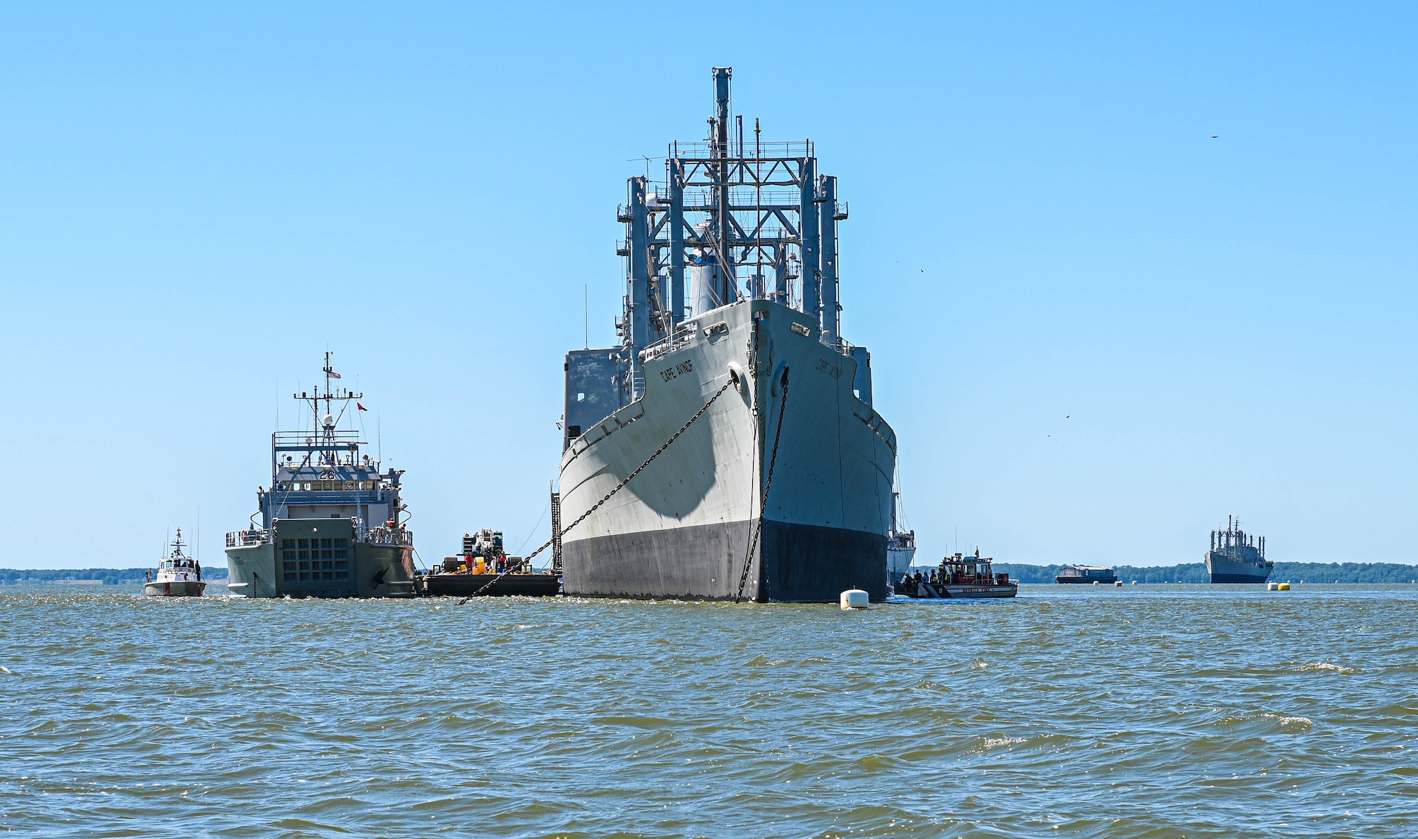 The National Defense Reserve Fleet is utilized during the Robert E. Rumens Marine Firefighting Symposium at Joint Base Langley-Eustis, Virginia, May 21, 2021. The NDRF is known as the “Ghost Fleet” because of its current inactivity. (U.S. Air Force photo by Senior Airman Sarah Dowe)