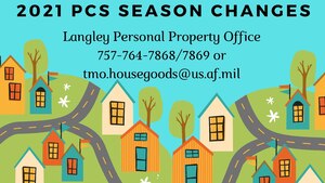 The Personal Property Peak moving season starts 15 May and continues through 30 September each year. This graphic shows contact information for the Langley Personal Property Office.