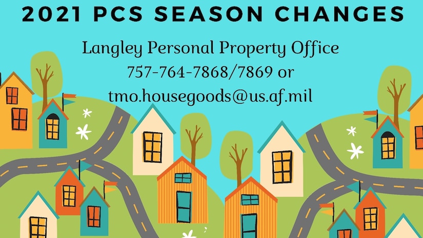 The Personal Property Peak moving season starts 15 May and continues through 30 September each year. This graphic shows contact information for the Langley Personal Property Office.
