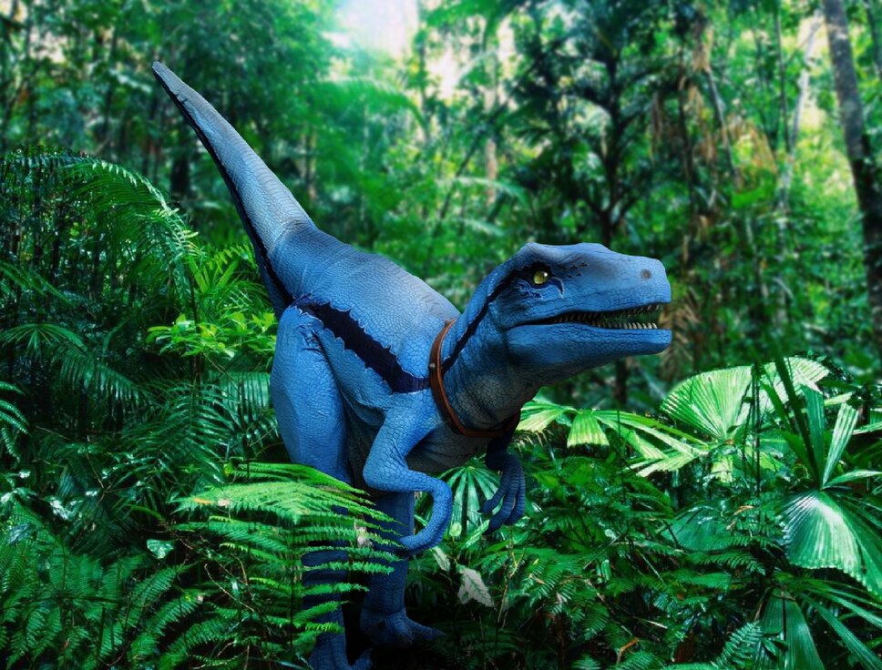 Illustration of a raptor dinosaur in a forest.