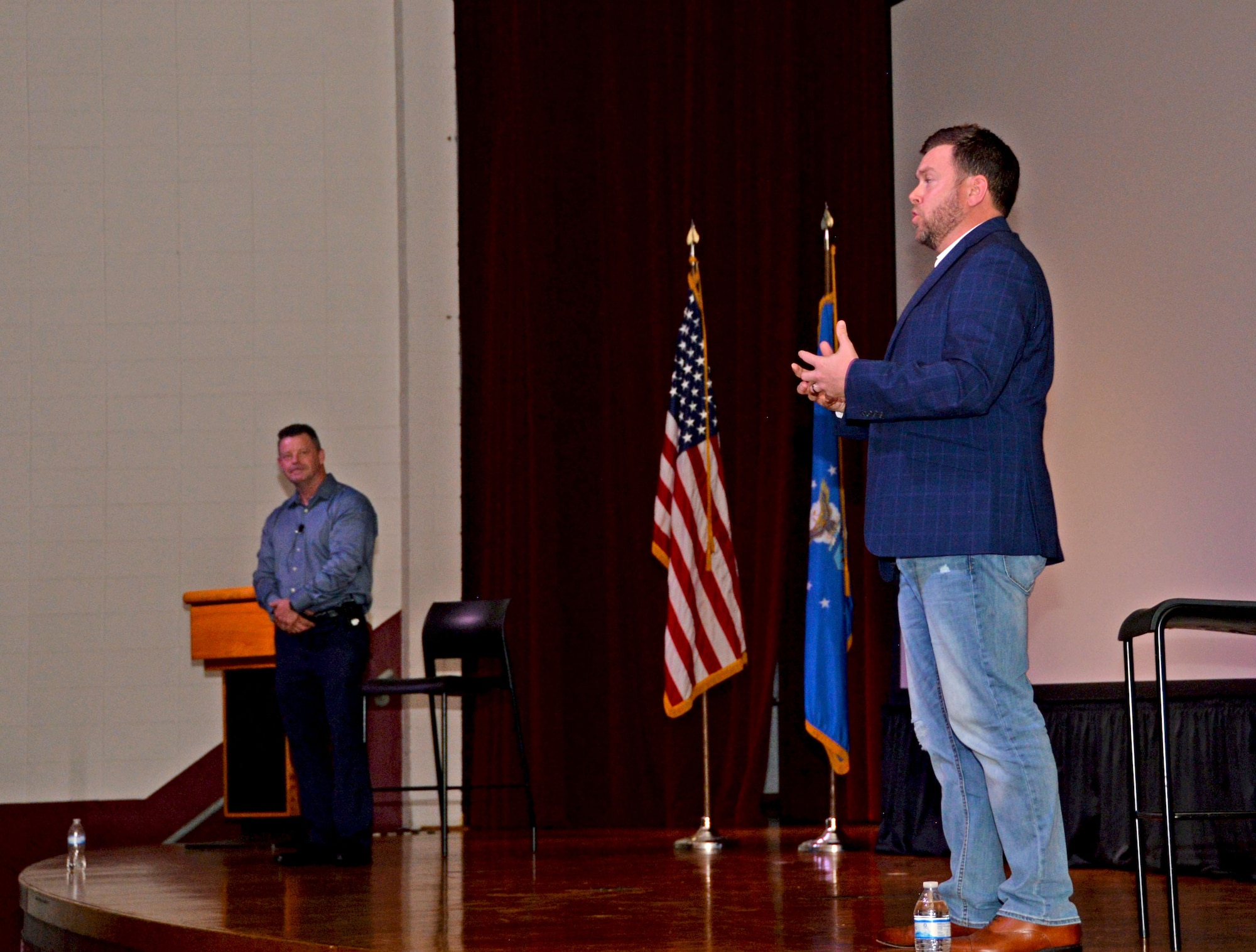 Ernie Stevens and Joe Smarro, San Antonio Police Department Mental Health Unit officers, answer questions from Airmen and families during the 960th Cyberspace Wing Mental Health and Resiliency Fair, May 1, 2021, at Joint Base San Antonio-Lackland, Texas. (U.S. Air Force photo by Tech. Sgt. Samantha Mathison)