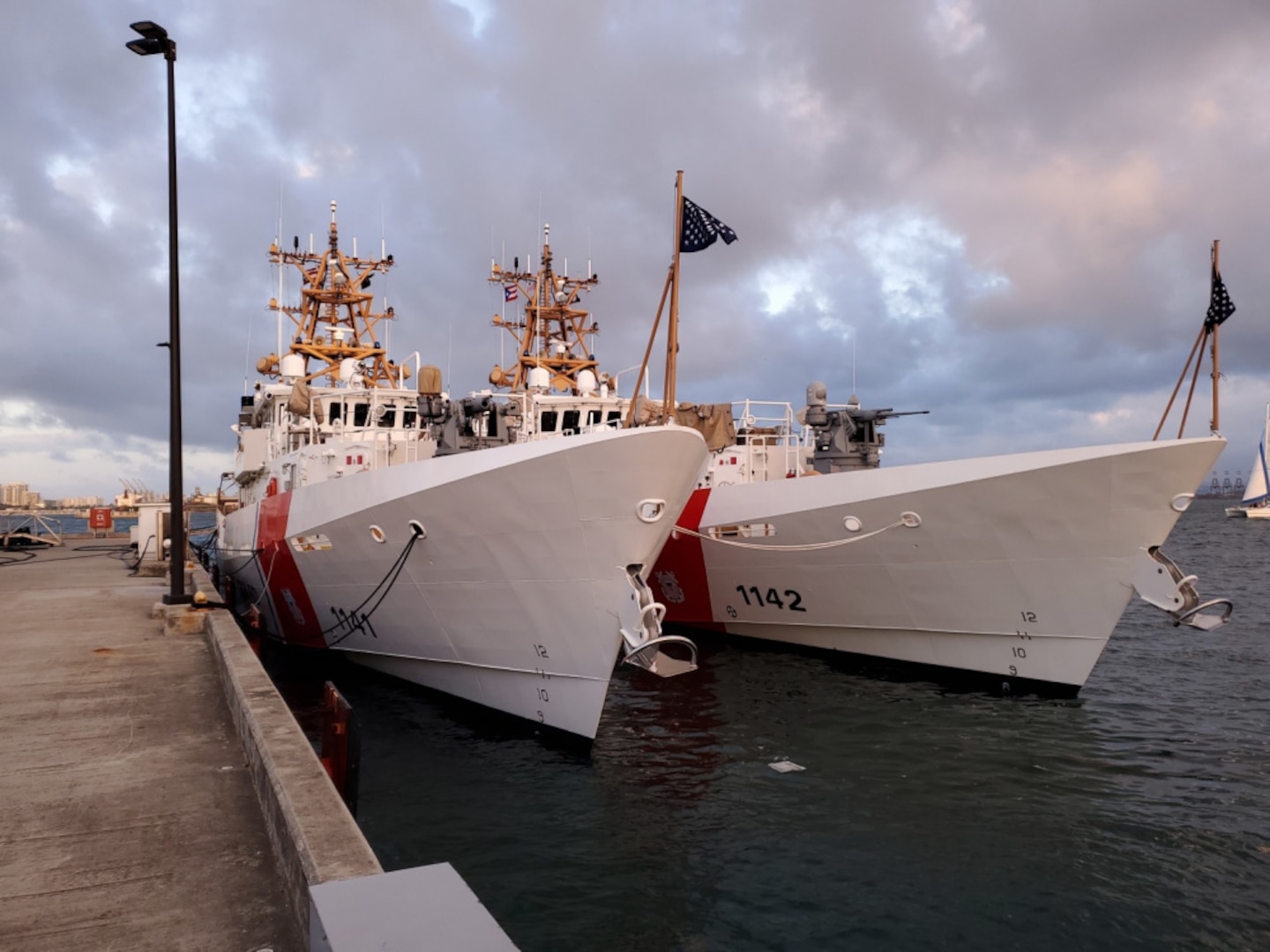 SAN JUAN, Puerto Rico (March 31, 202) Sister ships USCGC Charles Moulthrope (WPC 1141) and USCGC Robert Goldman (WPC 1142) moor side-by-side March 31, 2021, at Sector San Juan as they continue their journey to their new homeport. Charles Moulthrope and Robert Goldman are en route to their new homeport in Bahrain in support of the Navy’s U.S. Fifth Fleet and U.S. Coast Guard Patrol Forces Southwest Asia. While in the U.S. Navy’s Sixth Fleet area of responsibility, the crews will support engagements with partner countries strengthening relationships and demonstrating our continued commitment to global maritime security and stability. (U.S. Coast Guard photo by Petty Officer 1st Class Sydney Niemi/Released)