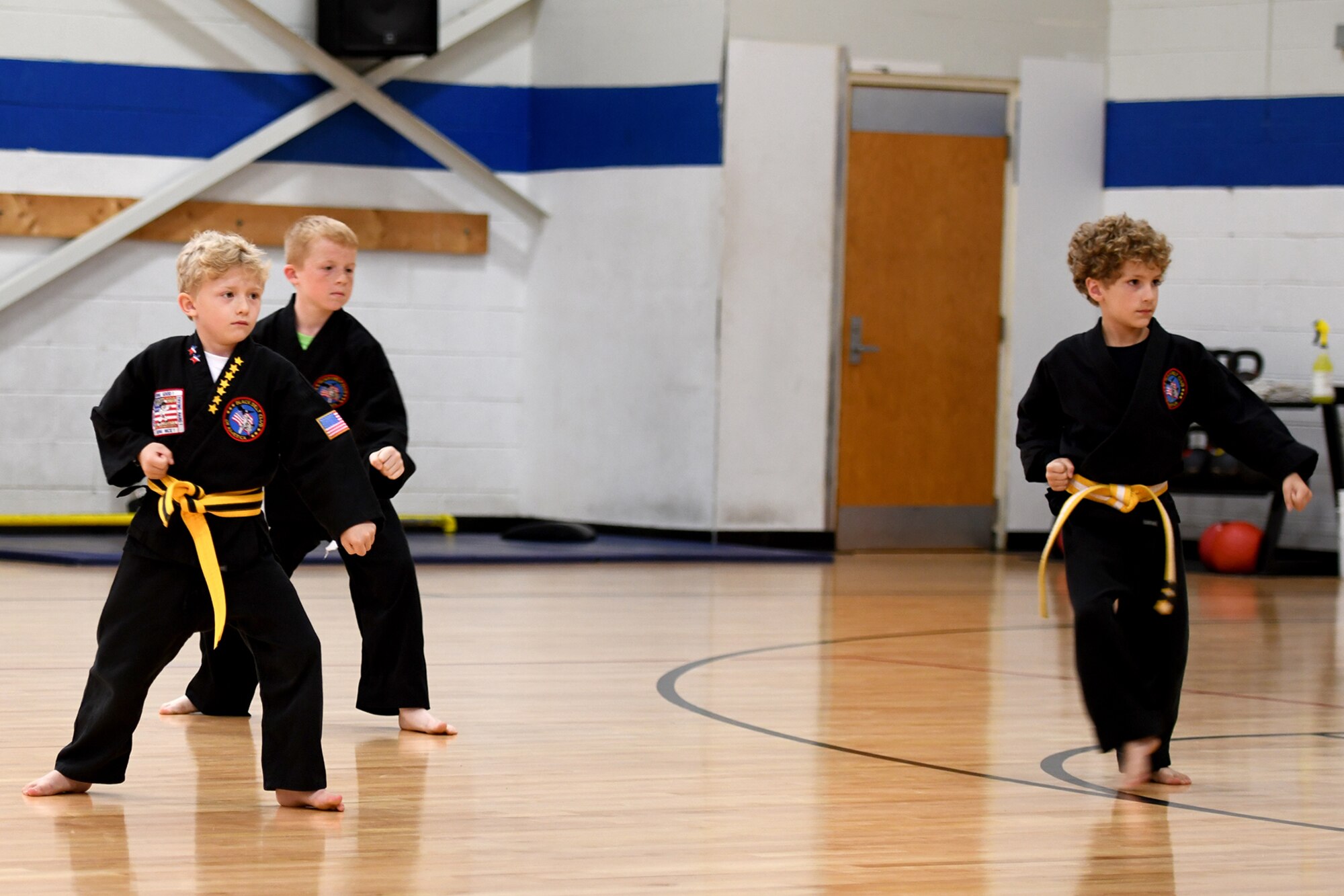 Students practice karate.