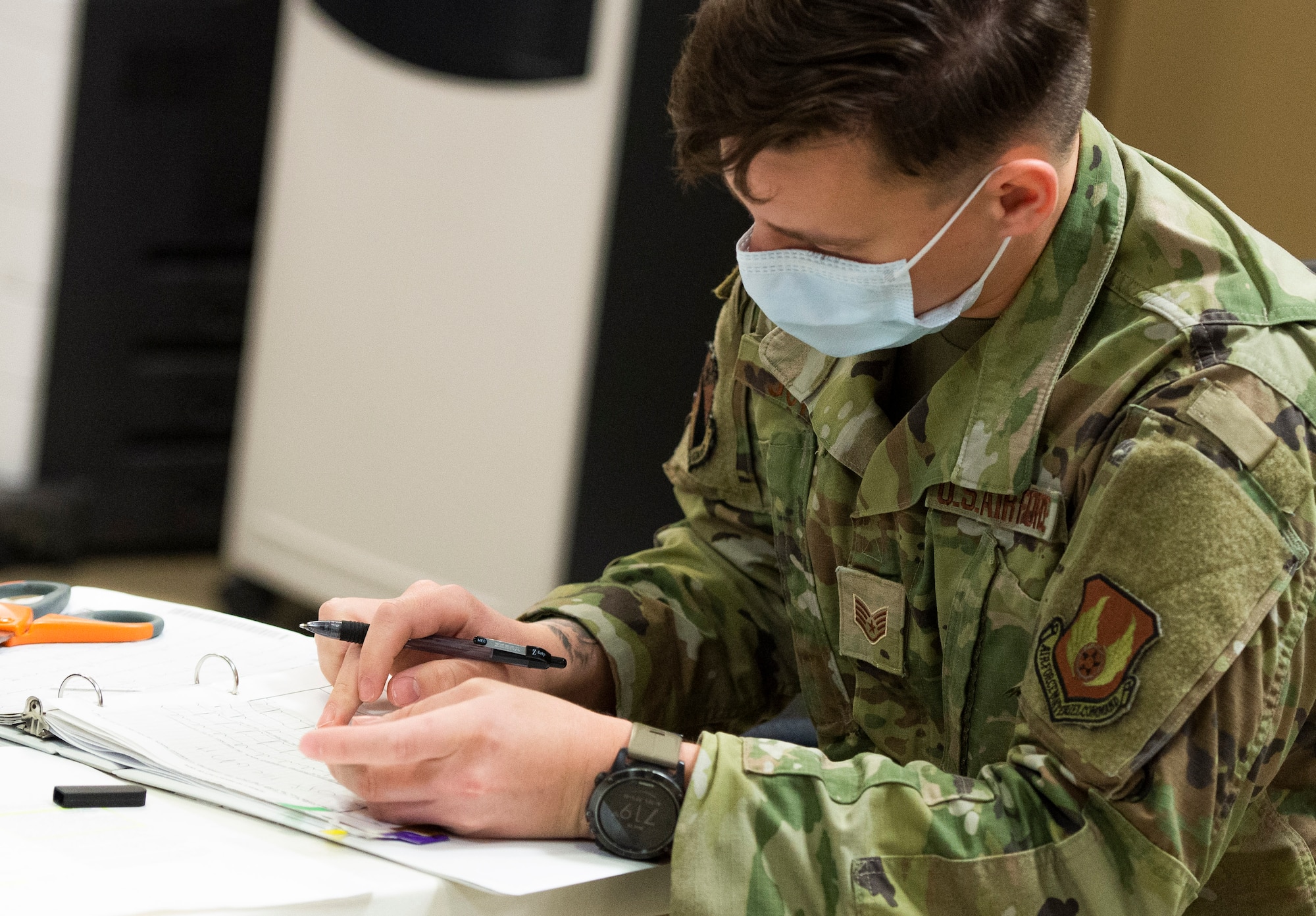 U.S. Air Force Staff Sgt. Austin Joyce an aerospace medical technician with the 88th Medical Group, measures wave form intervals of the electrical current going across a patient’s heart, at his station in the Intensive Care Unit at Wright-Patterson Air Force Base, Ohio Medical Center, April, 28, 2021. The medical center is open 24 hours a day with medical personnel standing by to treat anyone that comes through their door. (U.S. Air Force photo by Wesley Farnsworth)