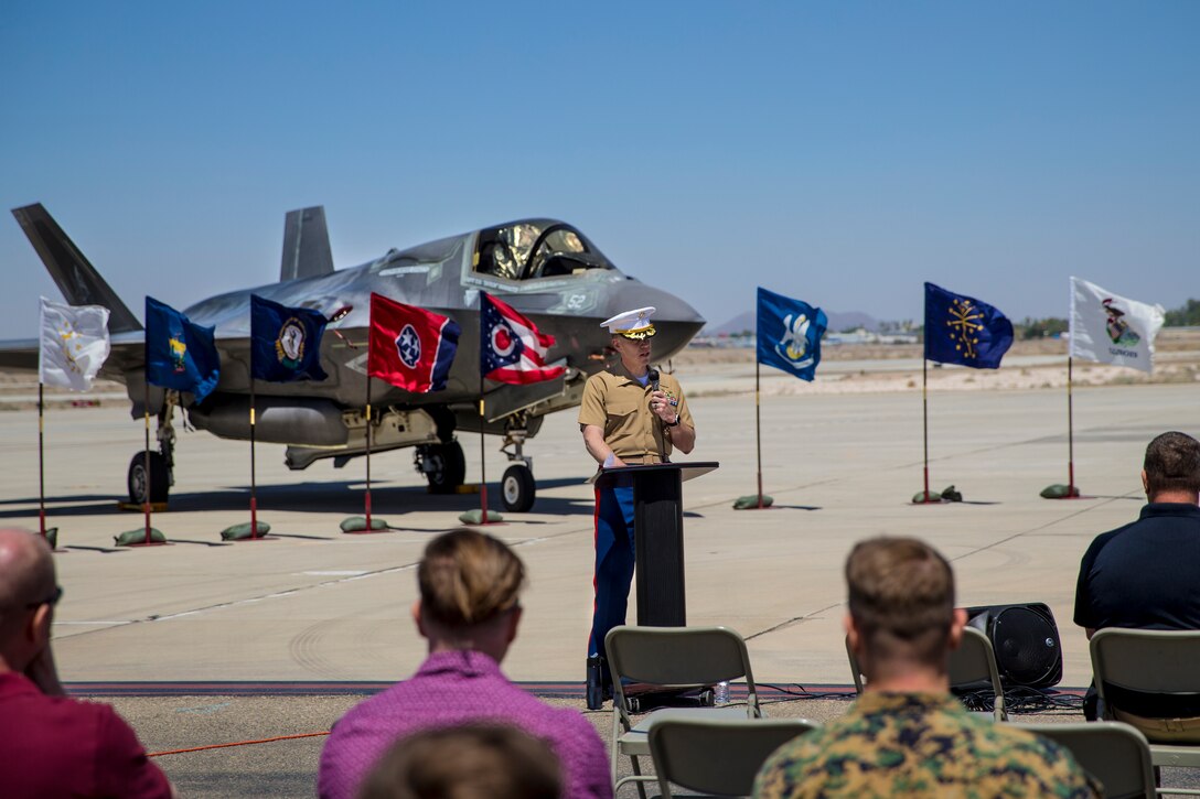 U.S. Marine Corps Lt. Col. Olgierd J. Weiss III addresses the crowd during a retirement ceremony at Marine Corps Air Station Yuma, Ariz. May 21, 2021.