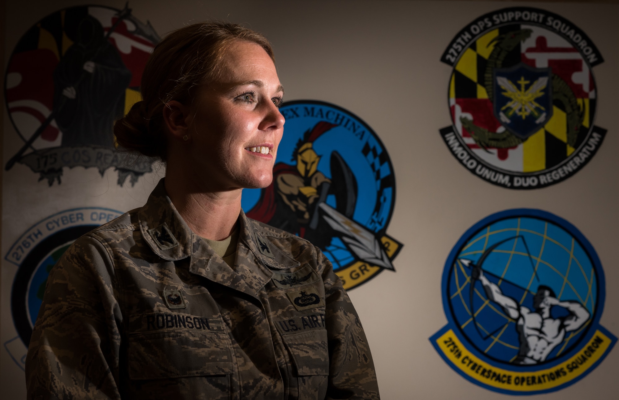 Col. Jori Robinson commands the 175th Cyberspace Operations Group of the Maryland Air National Guard, at Warfield Air National Guard Base, Middle River, Md., Dec. 2, 2017. Robinson believes the experience her Airmen gain from defensive cyber-security efforts in the civilian world greatly benefit, both defensive and offensive, Air Force cyber missions. (U.S. Air Force photo by J.M. Eddins Jr.)