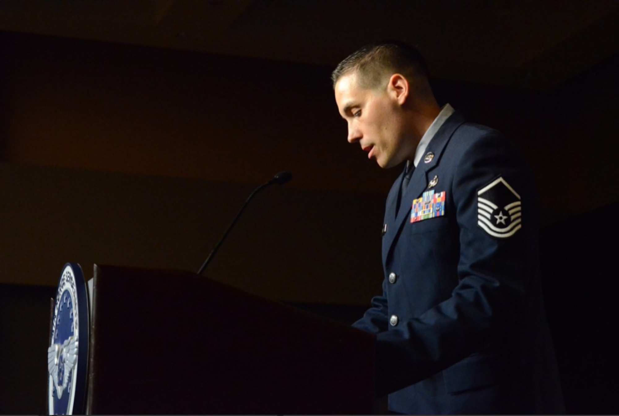 U.S. Air Force Master Sgt. Bryan Bleck, now a U.S. Space Force 2nd Lieutenant for Enterprise Corps Operations Support and Infrastructure branch, emcees at the 2019 Air Force Sergeants Association Professional Airmen’s Conference President’s dinner in San Antonio, Texas. Bleck earned his commission in the Space Force through Officer Training School by being selected for the Senior Leader Enlisted Commissioning Program. (Courtesy photo)