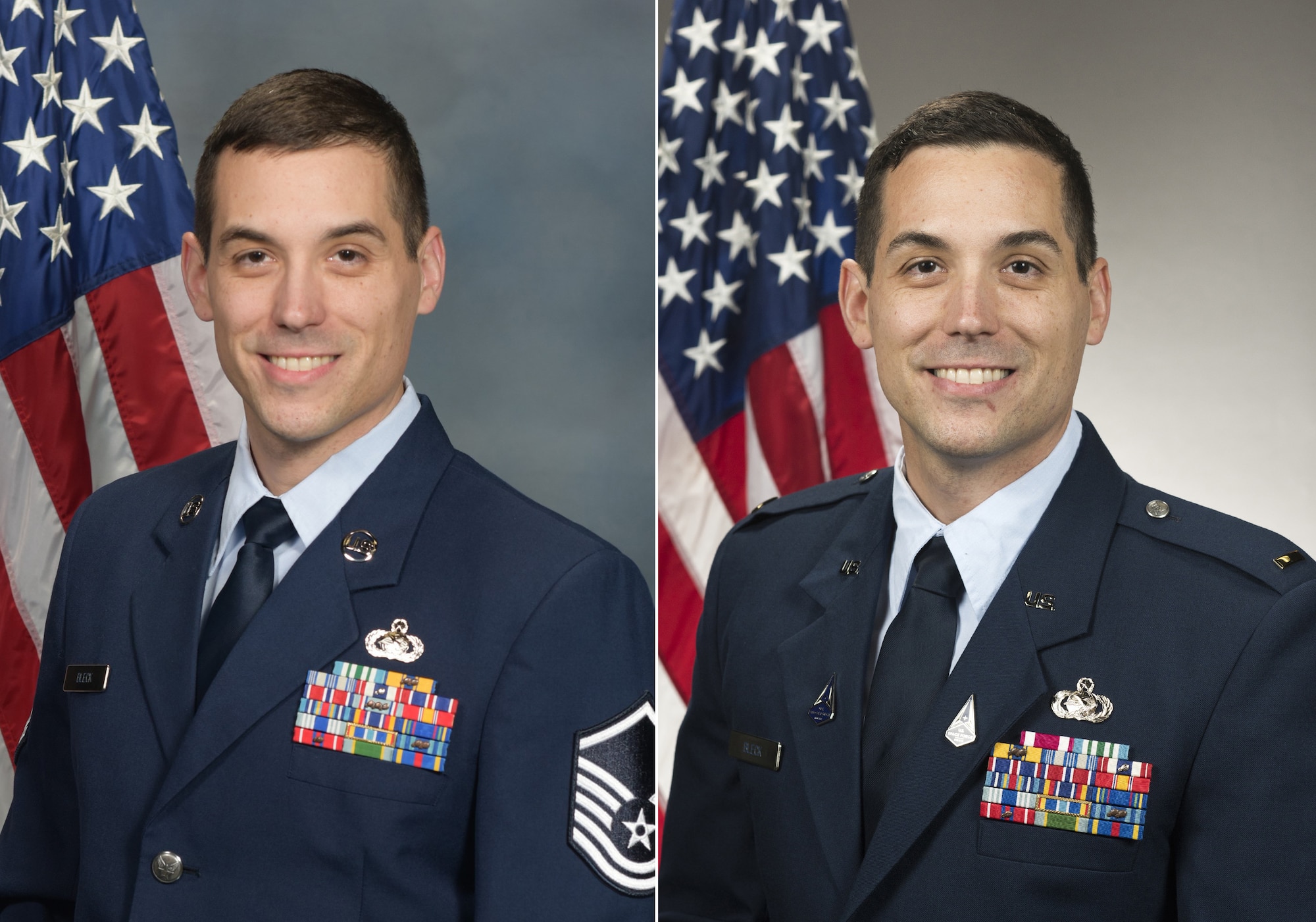 Prior U.S. Air Force Master Sgt. Bryan Bleck, left, now U.S. Space Force 2nd Lieutenant, right, was selected to commission into the Space Force through the Senior Leader Enlisted Commissioning Program. SLECP allows designated Air Force and Space Force senior leaders to directly select exceptionally performing, highly talented enlisted Airmen for commissioning through Officer Training School.