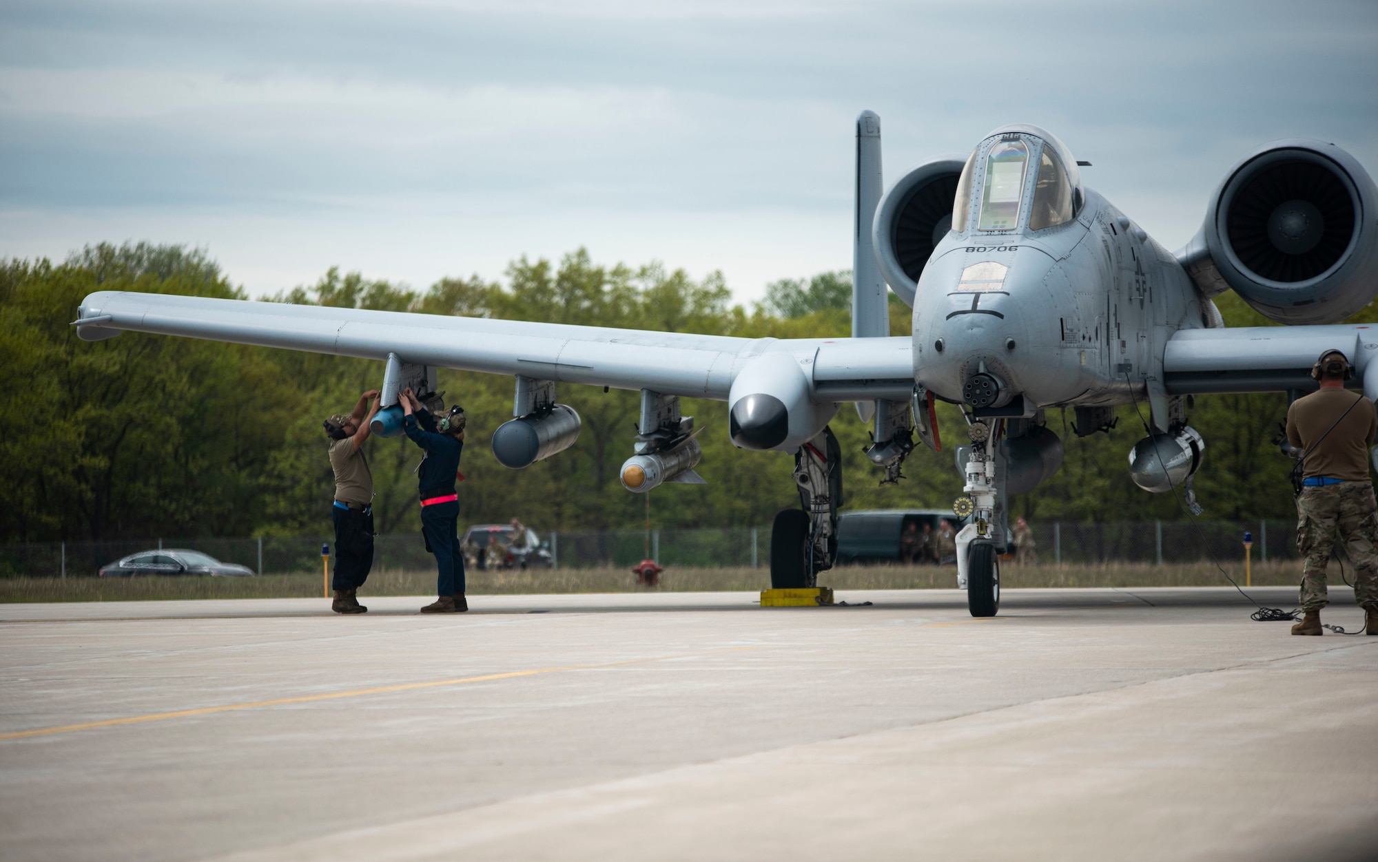 An A-10 Thunderbolt II is equipped with ordinance during Exercise Mobility Guardian at Alpena Combat Readiness Training Center, Michigan, May 25, 2021. Mobility Guardian is a training exercise designed to prepare Airmen to face real-world security challenges and sustain strategic deterrence anywhere in the world. (U.S. Air Force photo by Airman 1st Class Matthew Porter)