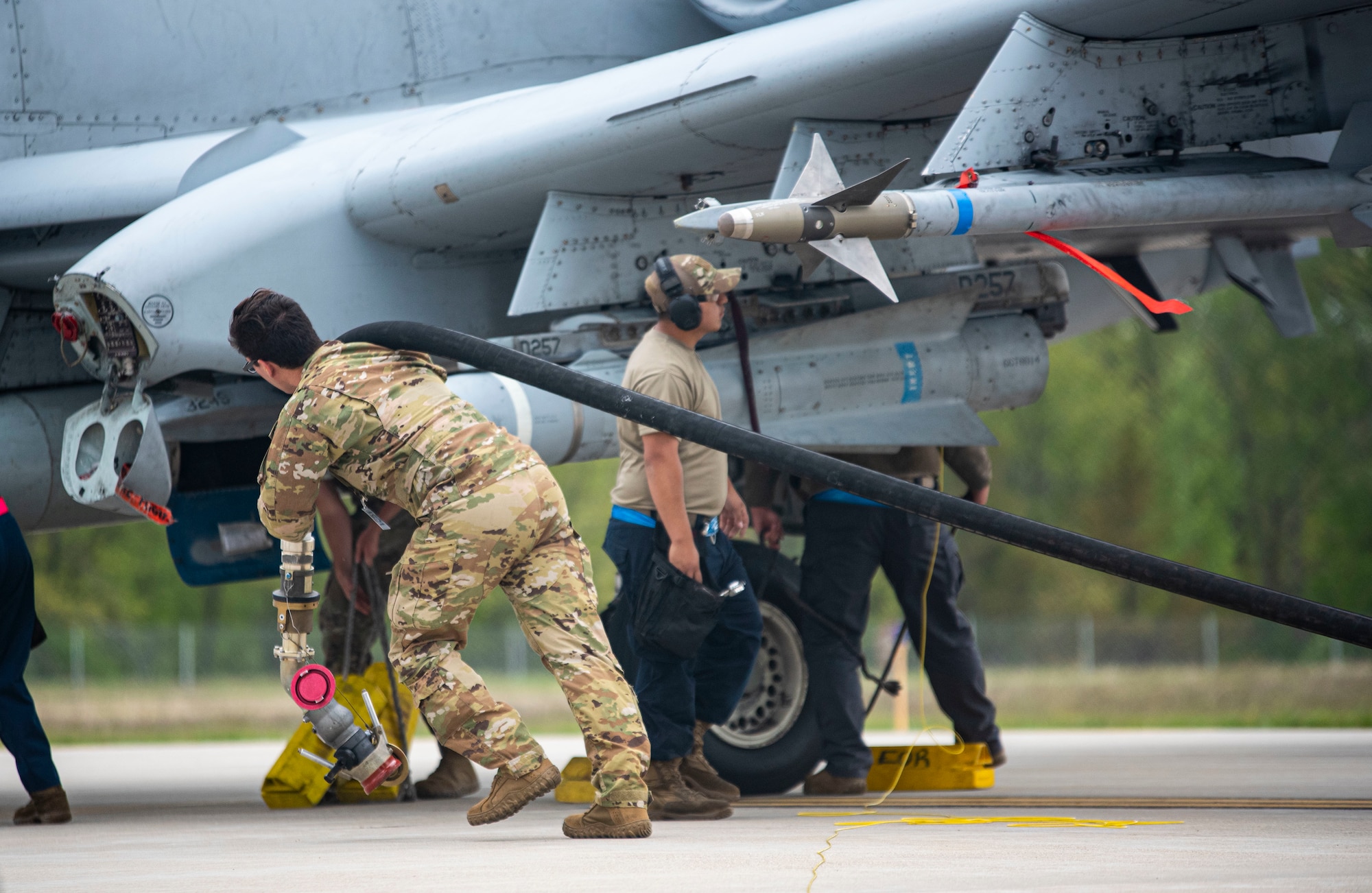 An A-10 Thunderbolt II is refueled May 25, 2021, during exercise Mobility Guardian at Alpena Combat Readiness Training Center, Michigan. Mobility Guardian is a training exercise designed to prepare Airmen to face real-world security challenges and sustain strategic deterrence anywhere in the world. (U.S. Air Force photo by Airman 1st Class Matthew Porter)