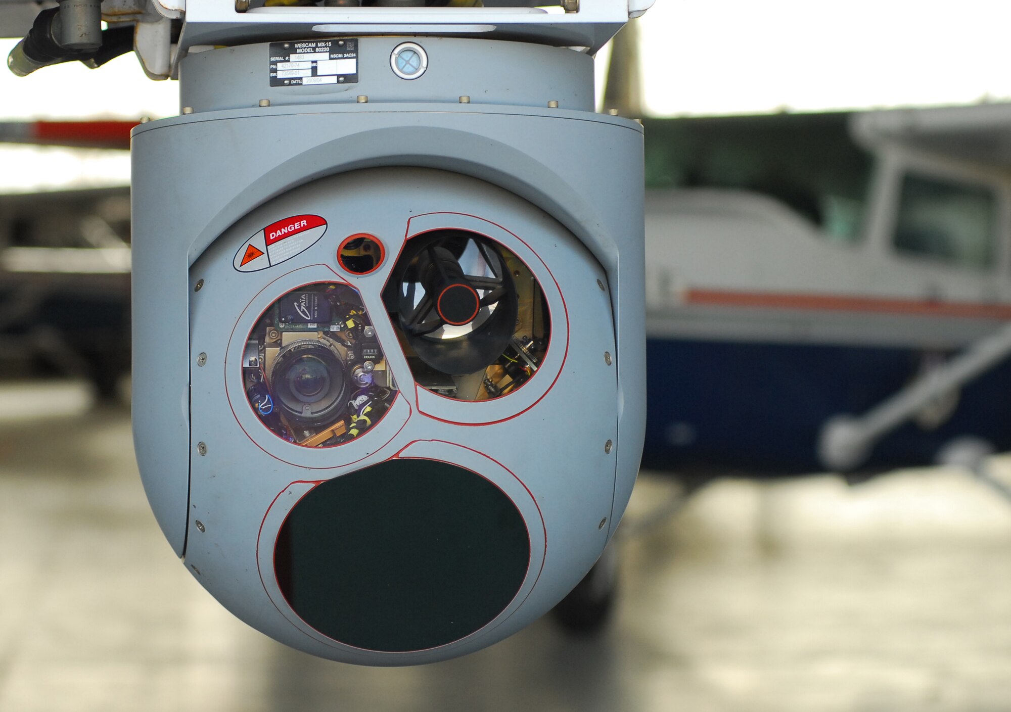 This high-tech ball, installed under a CAP plane's wing or fuselage, allows the aircraft to mimic an unmanned aerial vehicle in military training exercises. Photo // Civil Air Patrol