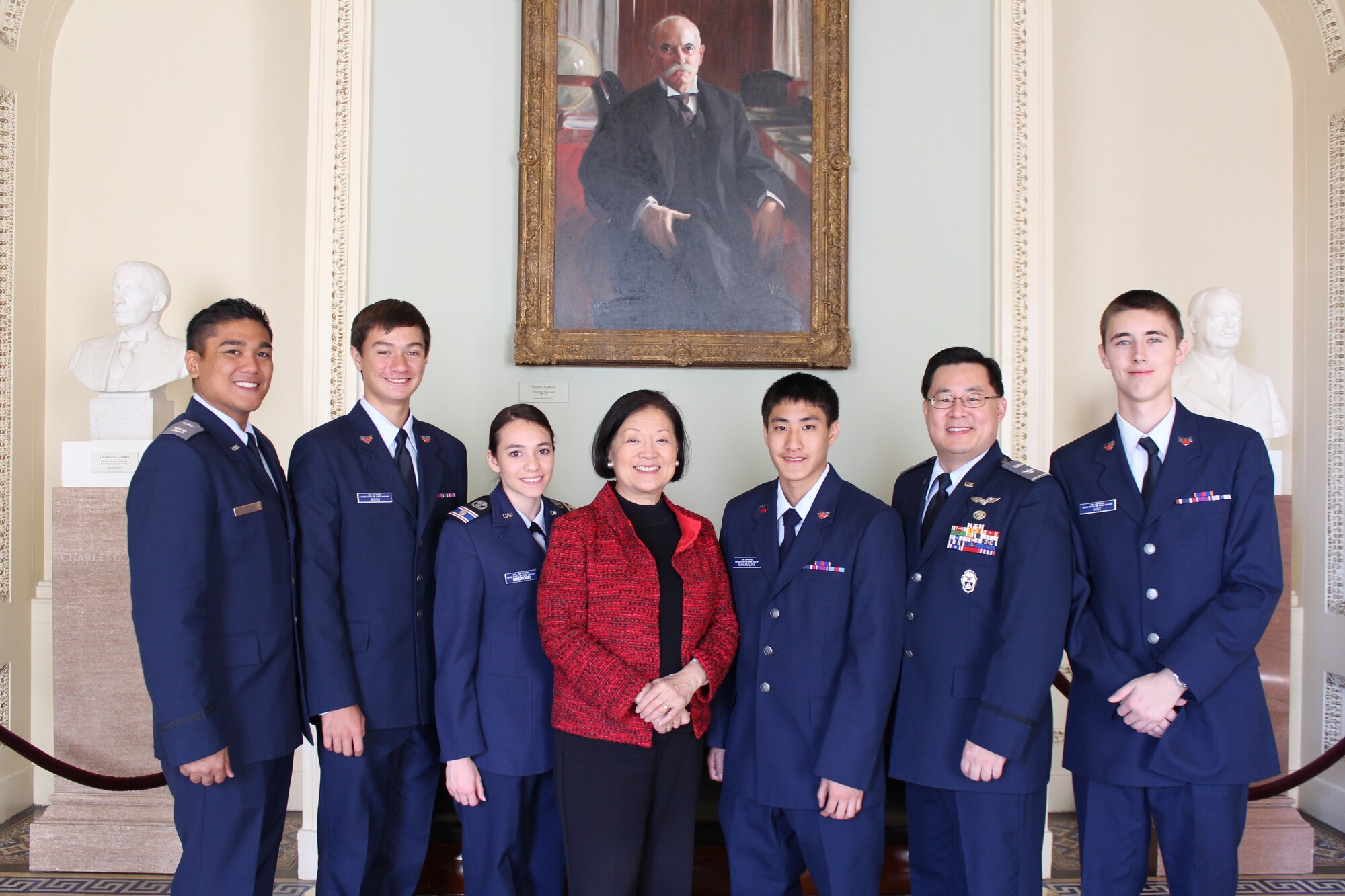 From left to right: Capt. Chris Ugale, Nicholas Wong, Alijah Madkour, Kai Nakamura, Col. Jeff Wong, Joseph Hinz of the Hawaii Wing of the Civil Air Patrol pose with Senator Mazie Hirono during CAP Legislative Day when 500 CAP members visit their representatives of Capitol Hill. Photo // Civil Air Patrol