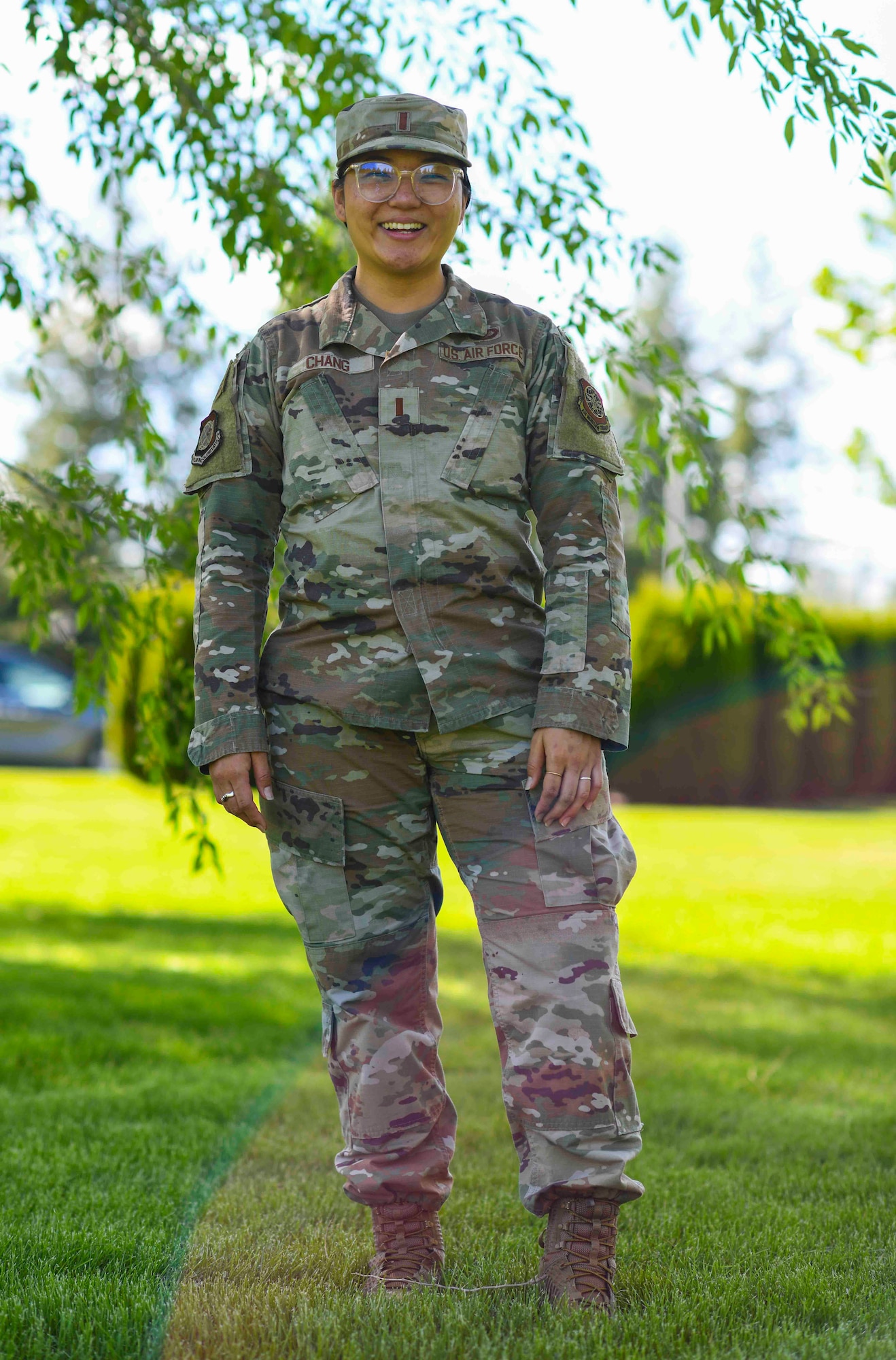 U.S. Air Force 2nd Lt. Michelle Chang, 92nd Air Refueling Wing public affairs command information chief, poses for a photo at Fairchild Air Force Base, Washington, May 26, 2021. Chang is a Korean-American Airman and is one of two children to Korean immigrants. (U.S. Air Force photo by Airman 1st Class Kiaundra Miller)