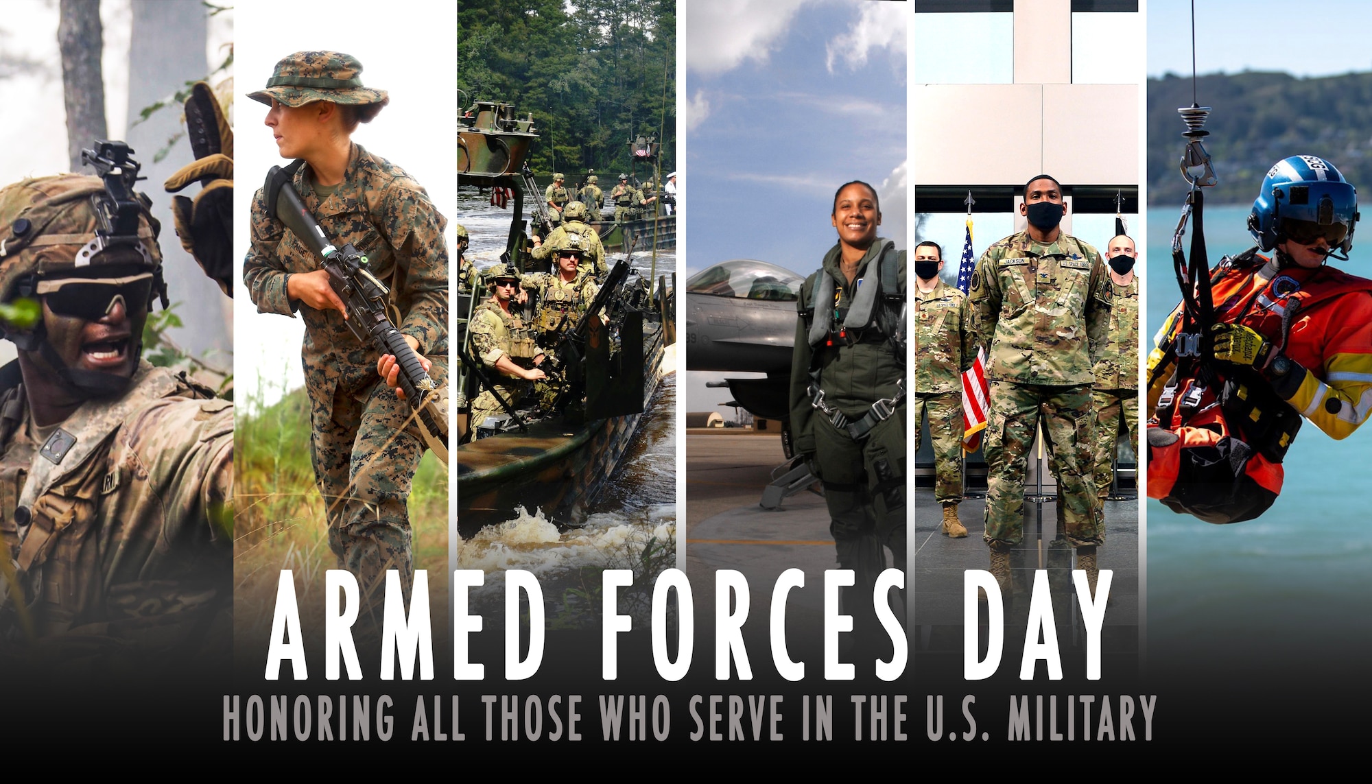 The 15th Wing pays homage to service members in all five branches of the U.S military on National Armed Forces Day at Joint Base Pearl Harbor-Hickam, Hawaii, May 15, 2021. Armed Forces Day was established in 1949 and falls on the third Saturday in May. (U.S. Air Force graphic by Airman 1st Class Makensie Cooper)
