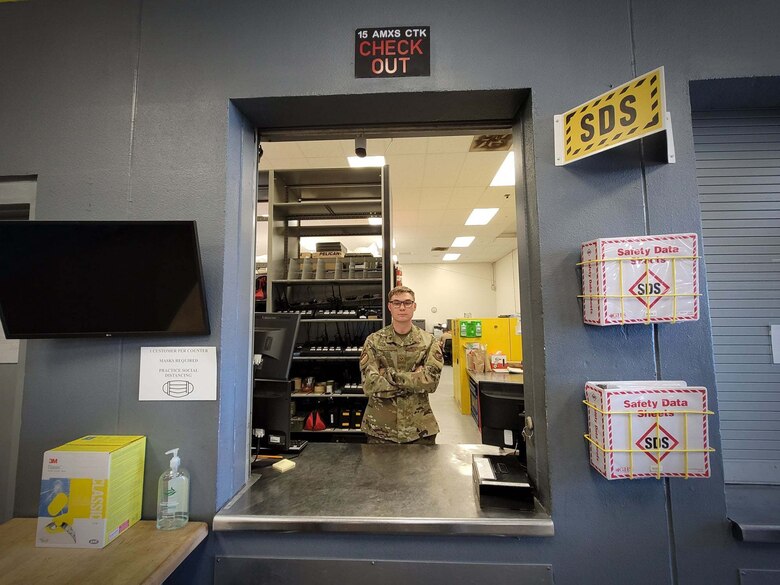 Senior Airman Jacob Harpenau, 15th Aircraft Maintenance Squadron crew chief, issues tools at Joint Base Pearl Harbor-Hickam, Hawaii, May 24, 2021. The composite tool kit section is a consolidated facility where maintainers check-out and return their tools each day. (U.S. Air Force photo by Tech. Sgt. Anthony Nelson Jr.)