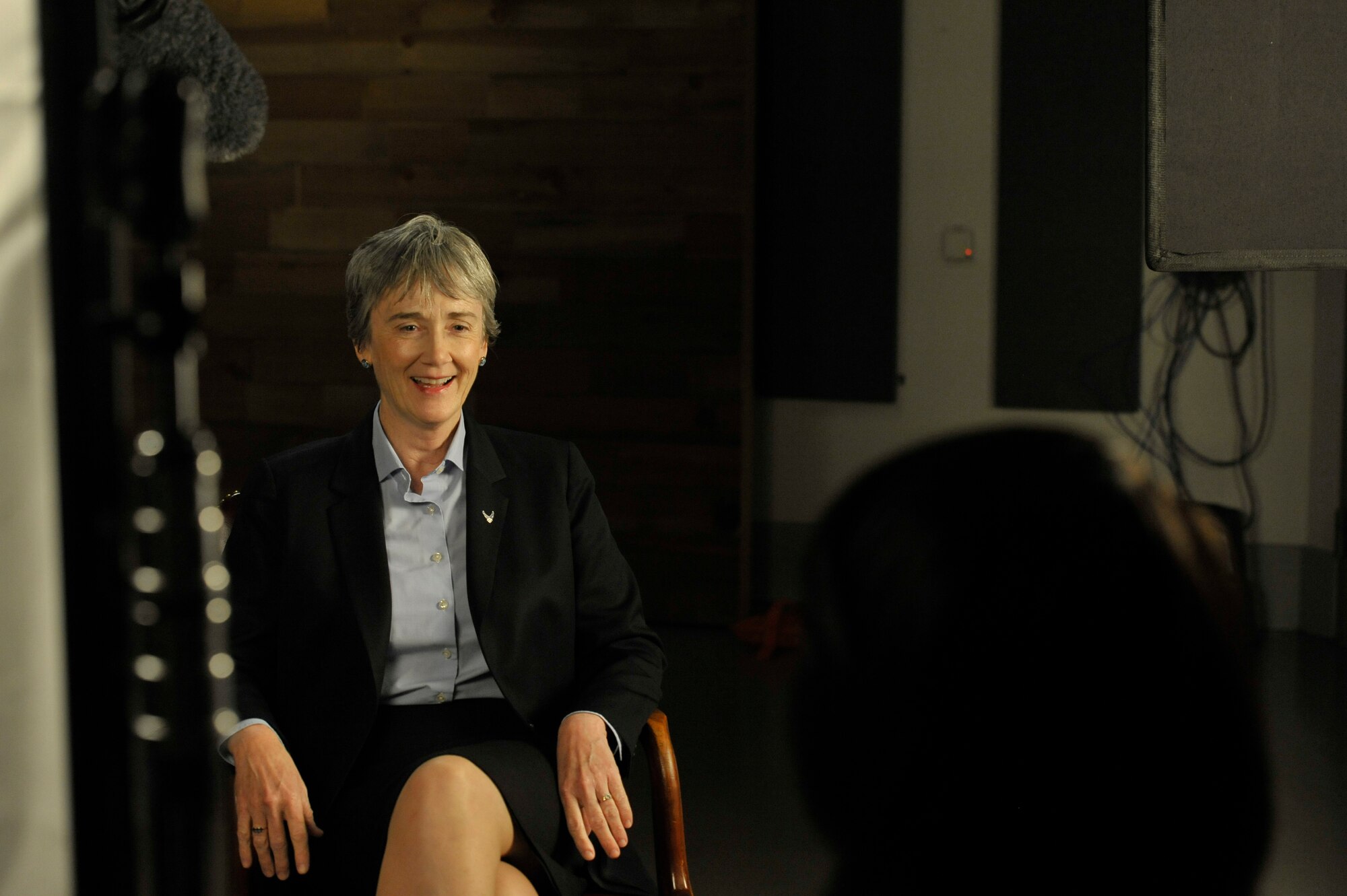 Secretary of the Air Force Heather Wilson speaks with Airmen during a farewell interview at the Pentagon in Arlington, Virginia, May 8, 2019. Wilson announced her resignation in March, having accepted the role as president of the University of Texas at El Paso. (U.S. Air Force photo by Tech. Sgt. Robert Barnett)