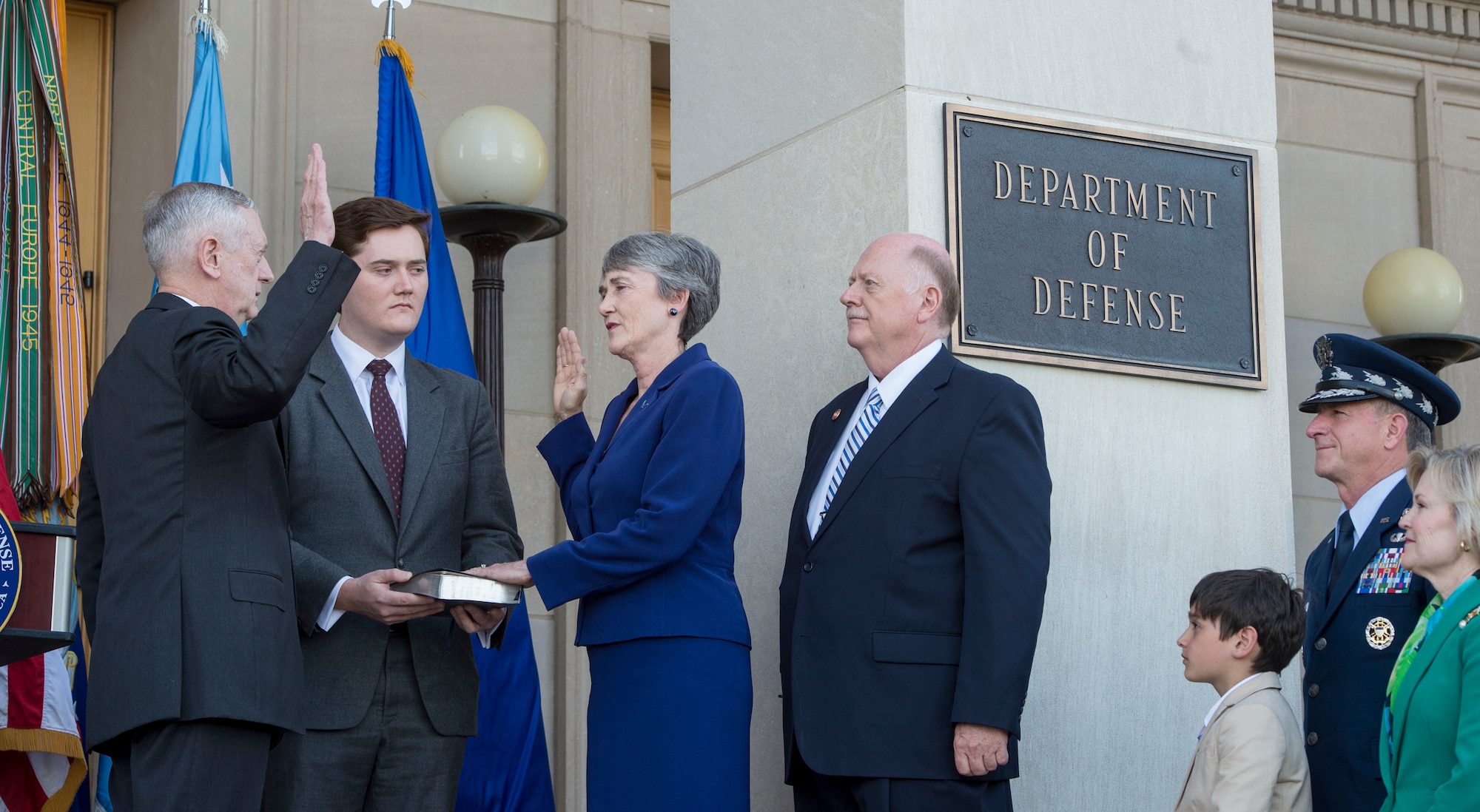 Secretary of Defense Jim Mattis administers the oath of office for Secretary of the Air Force Heather Wilson during her swearing-in ceremony May 16, 2017, at the Pentagon in Washington, D.C.  To her right is her husband, retired U.S. Air Force Col. Jay Hone. Wilson is a U.S. Air Force Academy graduate and former New Mexico representative. She will be responsible for organizing, training and equipping 660,000 active-duty, Guard, Reserve and civilian Airmen, as well as managing a $132 billion budget. (DOD photo by Air Force Tech. Sgt. Brigitte N. Brantley)