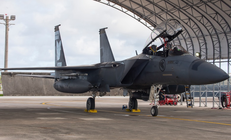 A Republic of Singapore air force F-15SG is shown during a deployment on Andersen Air Force Base, Guam, May 24, 2021. The RSAF has been deploying fighter aircraft to Guam for rotational training since 2017.