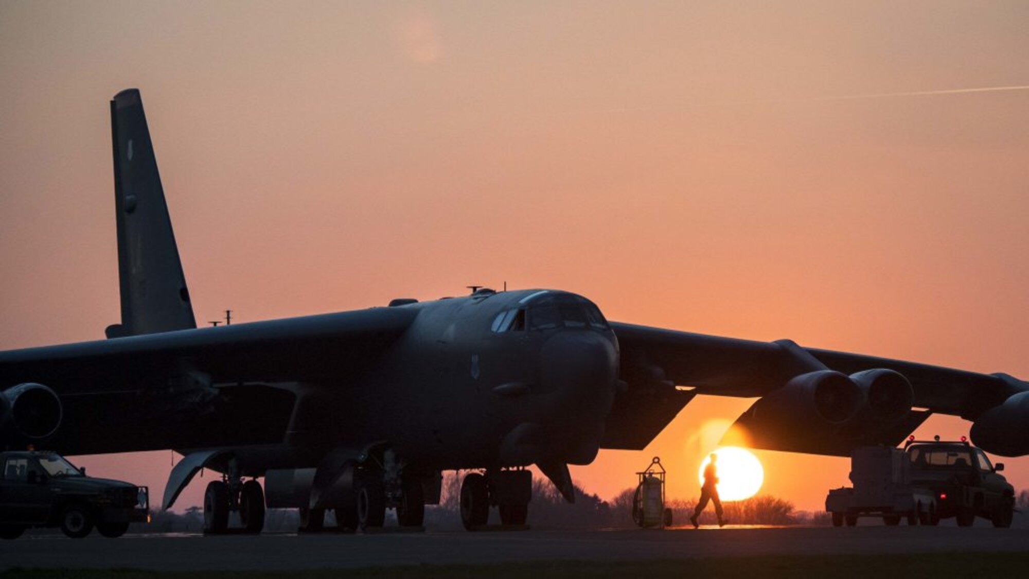 A crew chief deployed from the 2nd Aircraft Maintenance Squadron, 20th Aircraft Maintenance Unit, Barksdale Air Force Base, La., starts his work on a B-52 Stratofortress that landed minutes before at RAF Fairford, England, March 28, 2019. The 20th AMU is attached to the 20th Bomb Squadron’s B-52s, and the unit maintains those B-52s anywhere they deploy. (U.S. Air Force photo by Staff Sgt. Philip Bryant)