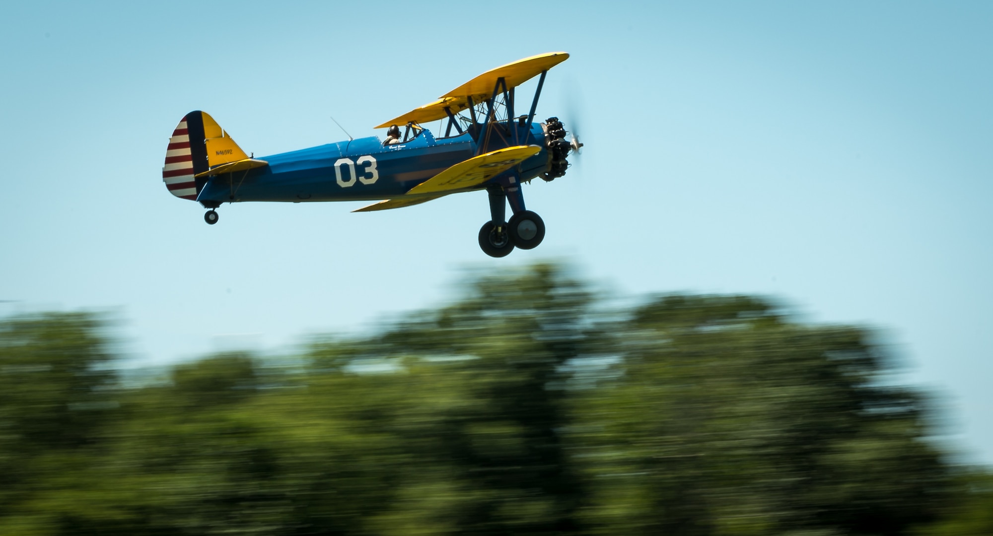 Dave Brown takes off in his PT-17 Stearman biplane before performing aerobatics at the Flying Circus Aerodrome and Airshow in Bealeton, Va., Jul. 30, 2017. (U.S. Air Force photo by J.M. Eddins Jr.)