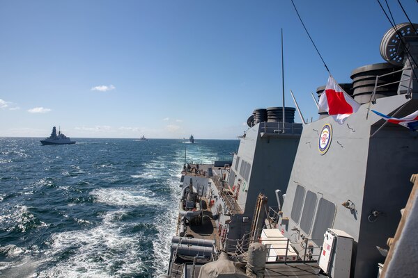 The Arleigh Burke-class guided-missile destroyer USS Roosevelt (DDG 80) and At-Sea Demo/Formidable Shield participating nation’s ships steam in formation, May 25, 2021. At-Sea Demo/Formidable Shield, conducted by Naval Striking and Support Forces NATO on behalf of U.S. Sixth Fleet, is a live-fire integrated air and missile defense (IAMD) exercise that improves Allied interoperability using NATO command and control reporting structures.