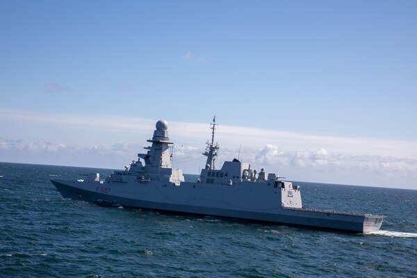 The Arleigh Burke-class guided-missile destroyer USS Roosevelt (DDG 80) and At-Sea Demo/Formidable Shield participating nation’s ships steam in formation, May 25, 2021. At-Sea Demo/Formidable Shield, conducted by Naval Striking and Support Forces NATO on behalf of U.S. Sixth Fleet, is a live-fire integrated air and missile defense (IAMD) exercise that improves Allied interoperability using NATO command and control reporting structures.