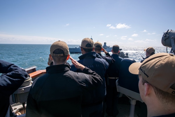 The Arleigh Burke-class guided-missile destroyer USS Roosevelt (DDG 80) and At-Sea Demo/Formidable Shield participating nation’s ships steam in formation, May 25, 2021. At-Sea Demo/Formidable Shield, conducted by Naval Striking and Support Forces NATO on behalf of U.S. Sixth Fleet, is a live-fire integrated air and missile defense (IAMD) exercise that improves Allied interoperability using NATO command and control reporting structures.