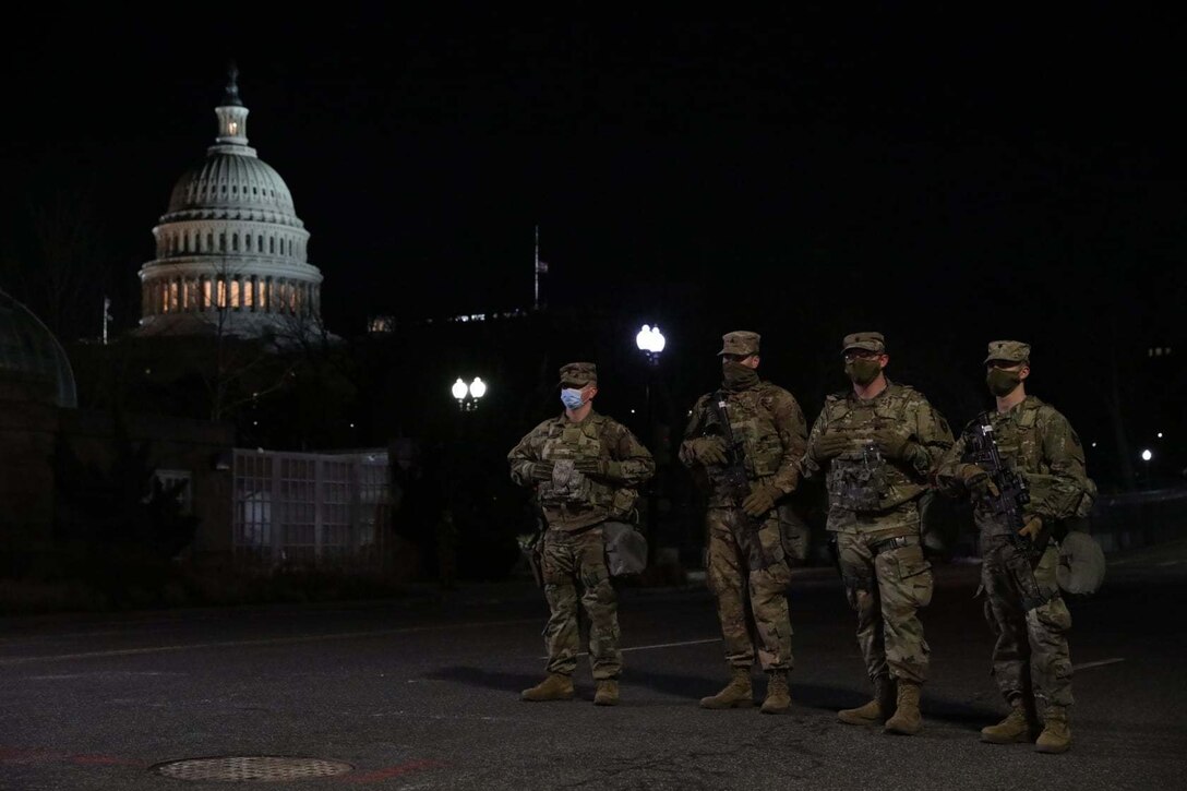 Soldiers with the 149th Maneuver Enhancement Brigade continue their operations near the U.S. Capitol in Washington, D.C. The National Guard has been requested to continue supporting federal law enforcement agencies with security, communications, medical evacuation, logistics, and safety support to state, district and federal agencies through mid-March. (U.S. Army National Guard photo by Sgt. Matt Damon)