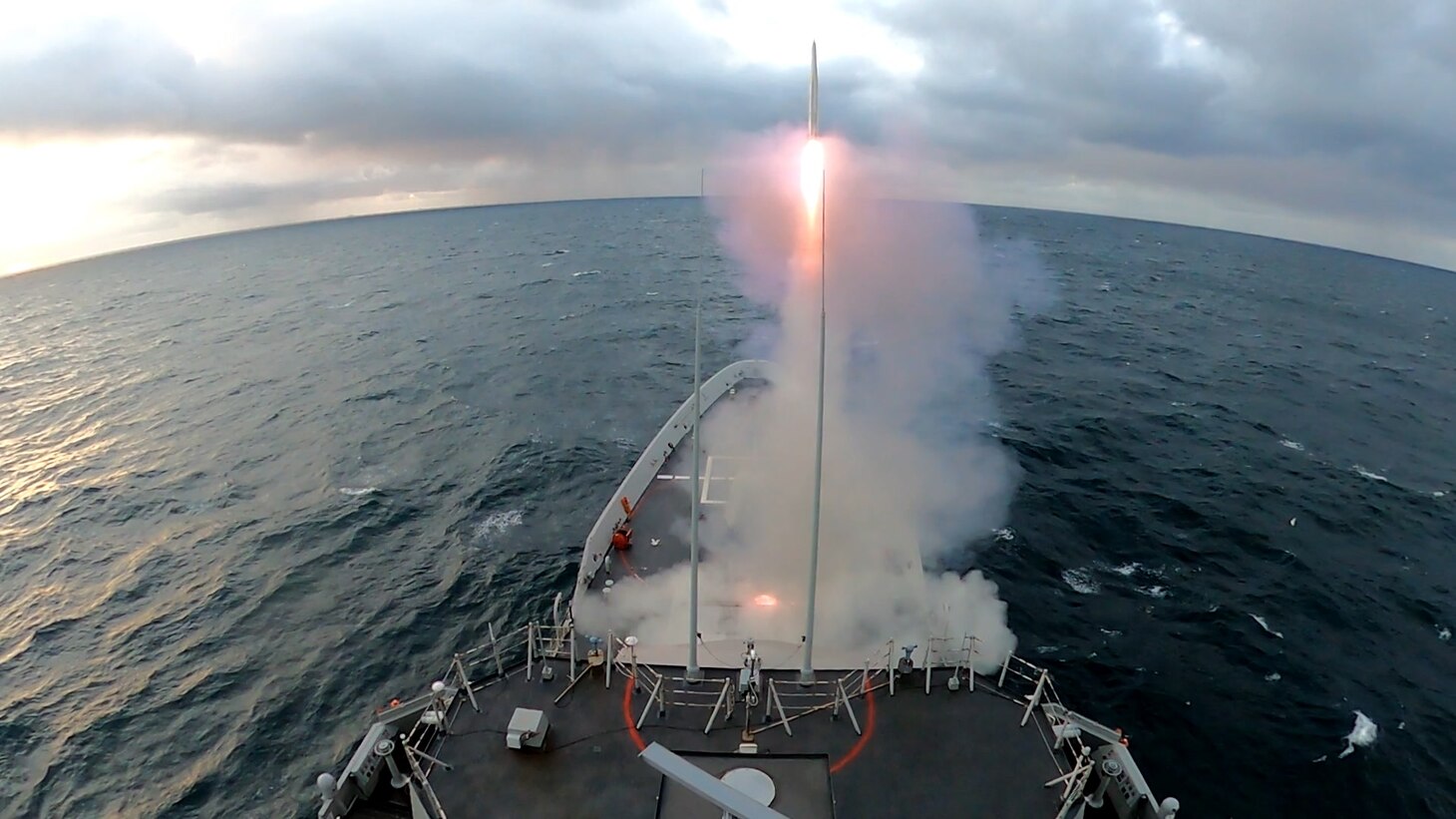 210521-N-NO901-0001 UK MOD HEBRIDES RANGE (May 21, 2021) The Spanish Navy Alvaro de Bazan (F100) class guided-missile frigate Cristóbal Colon (F-105) launches a supersonic missile with one Evolved Sea-Sparrow-Missile (ESSM), making skin-to-skin contact, during exercise At-Sea Demo/Formidable Shield, May 21, 2021. (U.S. Navy photo by Lt. Daniel Schuerman)